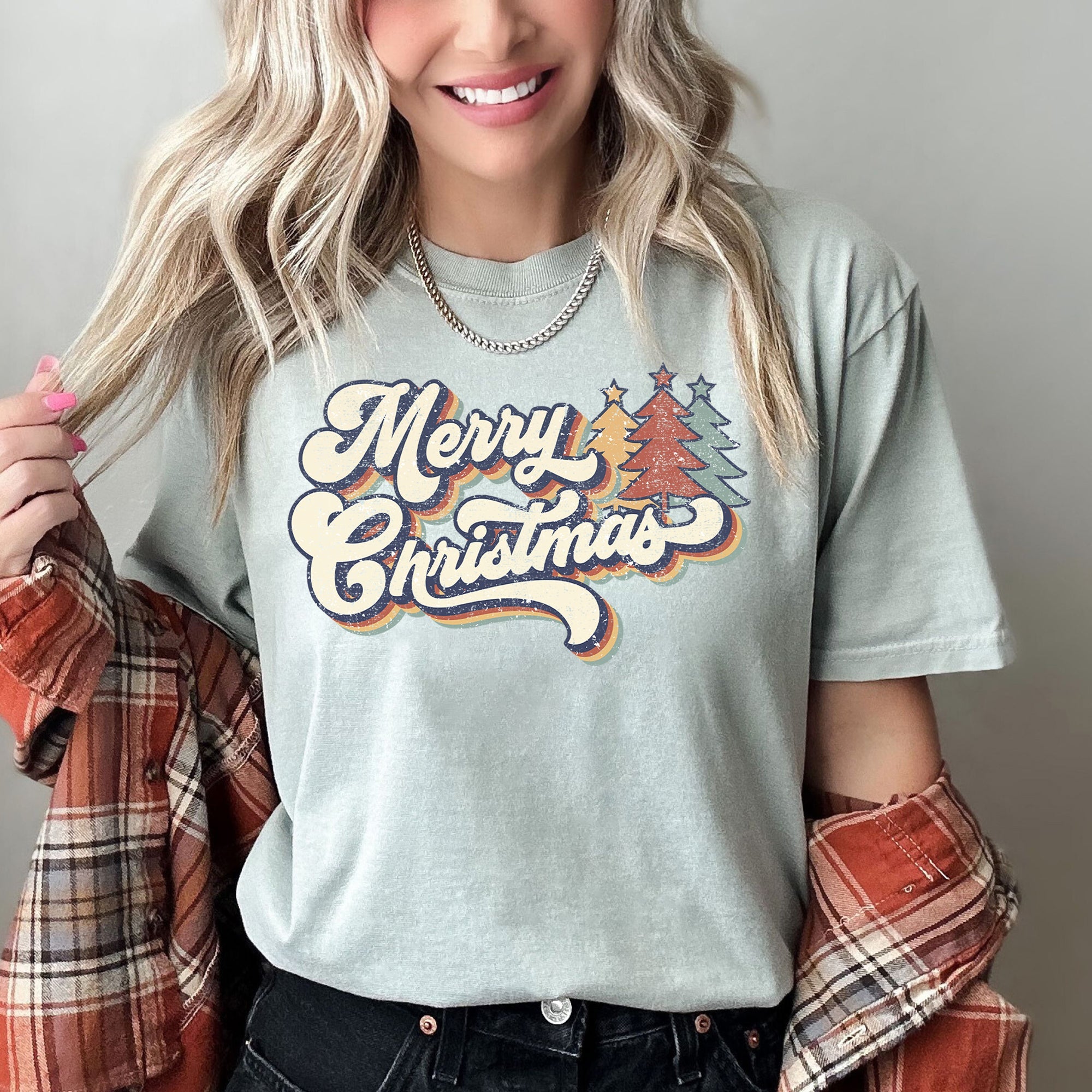 Merry Christmas Retro Trees Stacked Lettering Classic Design Edition Comfort Colors Tee
