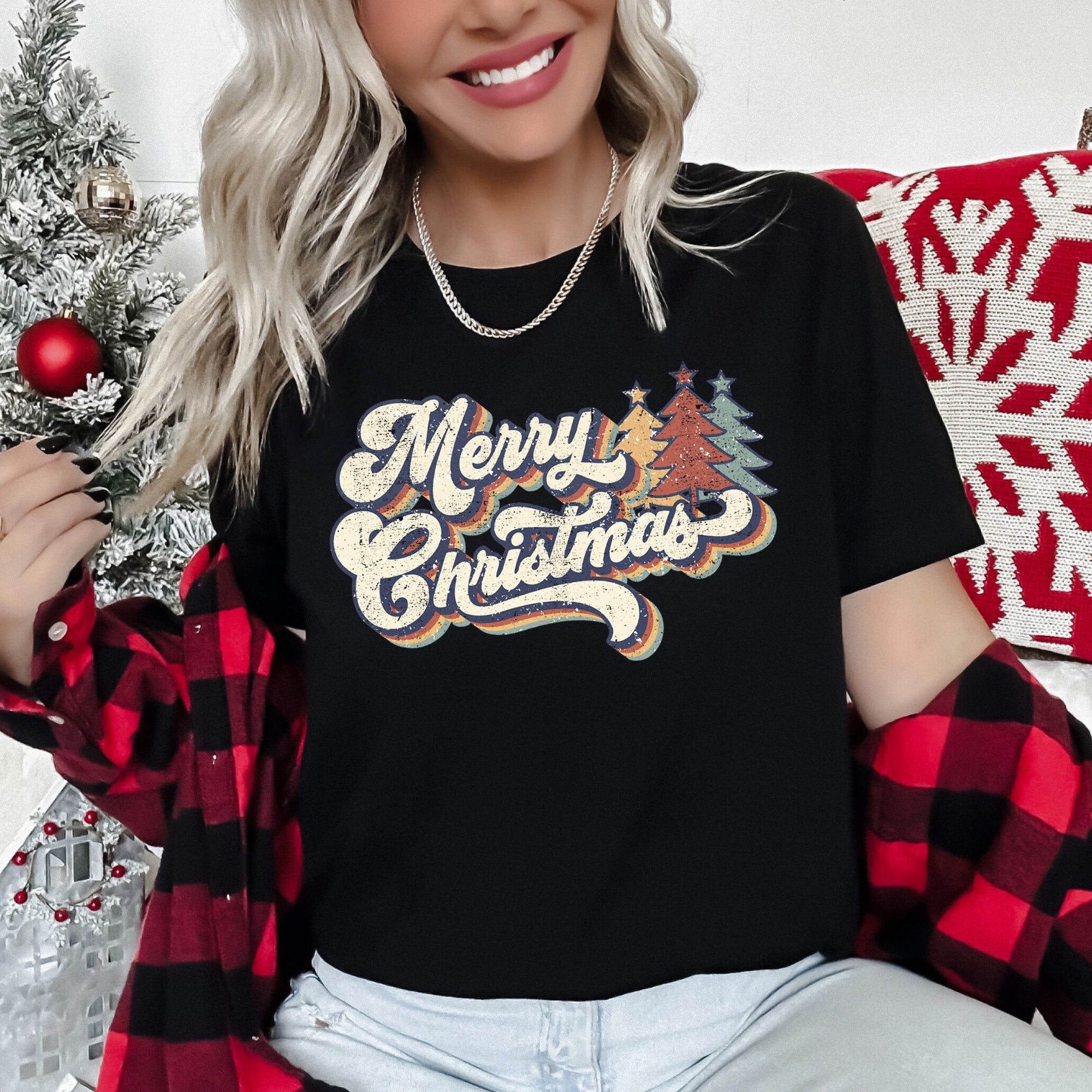 Merry Christmas Retro Trees Stacked Lettering Classic Design Vintage Edition Graphic Tee