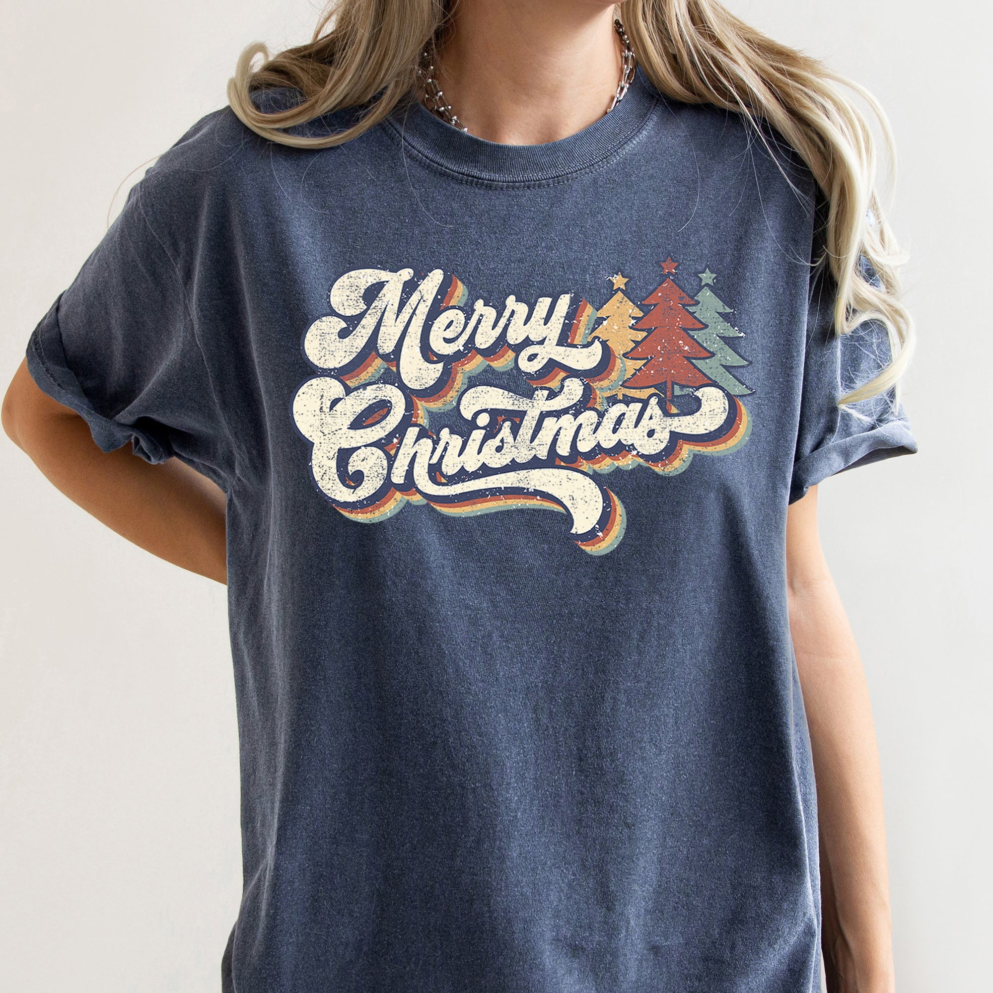 Merry Christmas Retro Trees Stacked Lettering Classic Design Edition Comfort Colors Tee