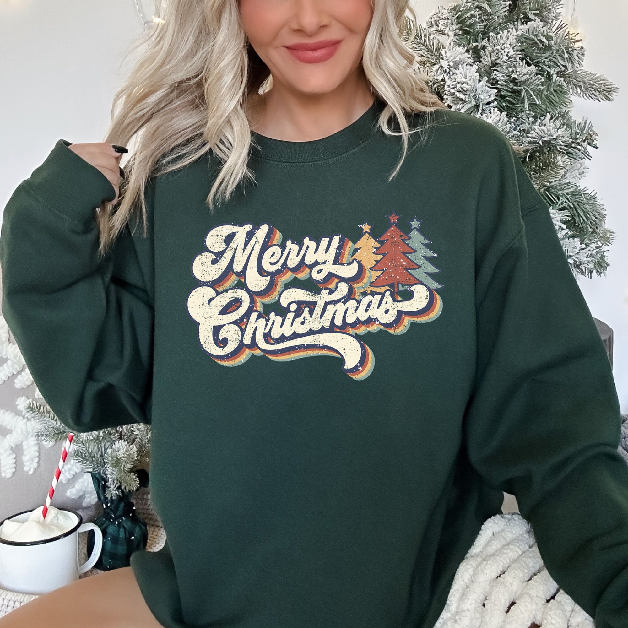 Merry Christmas, Retro Trees Holiday Cheer Vintage Nordic Style Graphic Art Print Sweatshirt