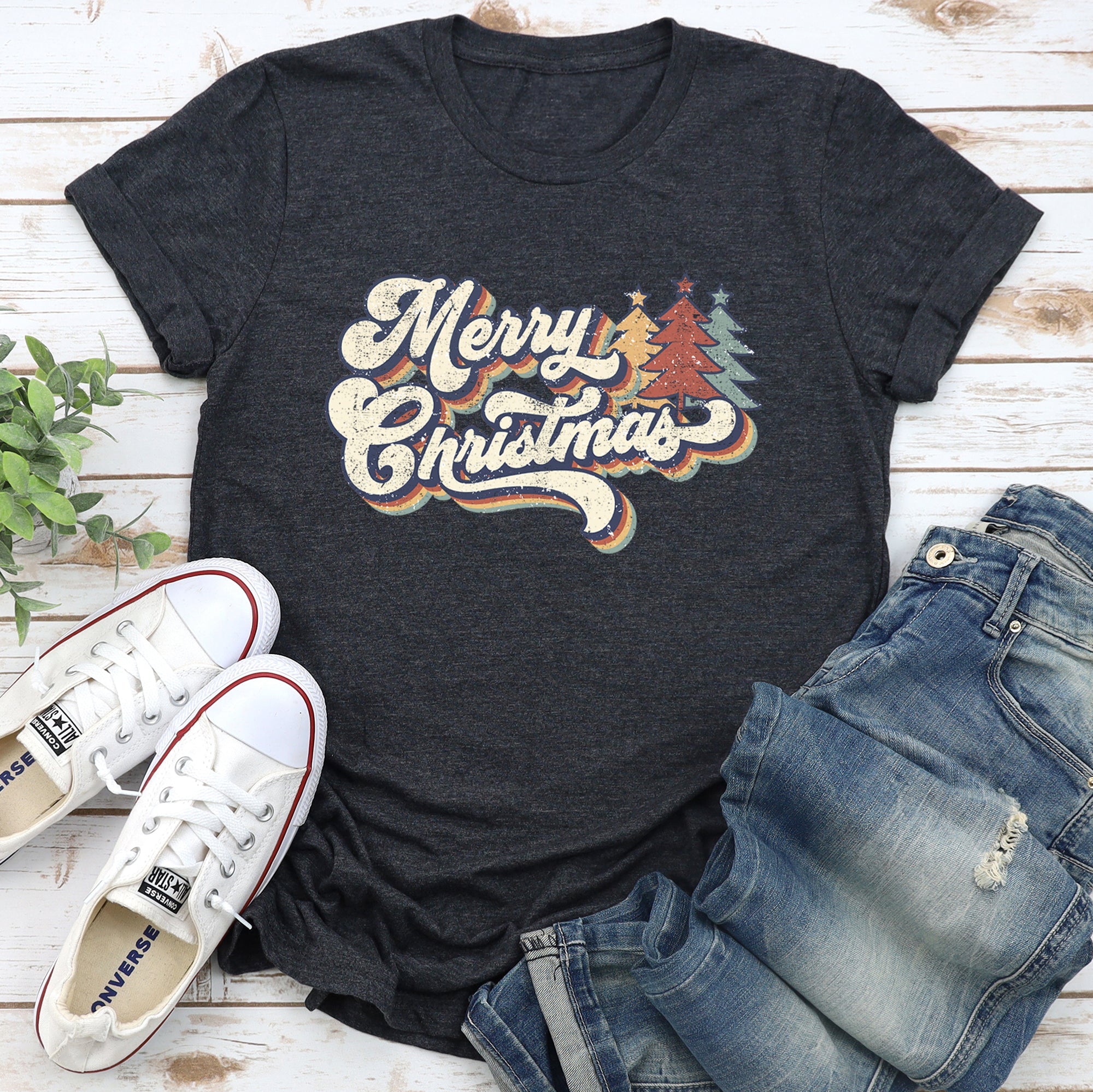 Merry Christmas Retro Trees Stacked Lettering Classic Design Vintage Edition Graphic Tee