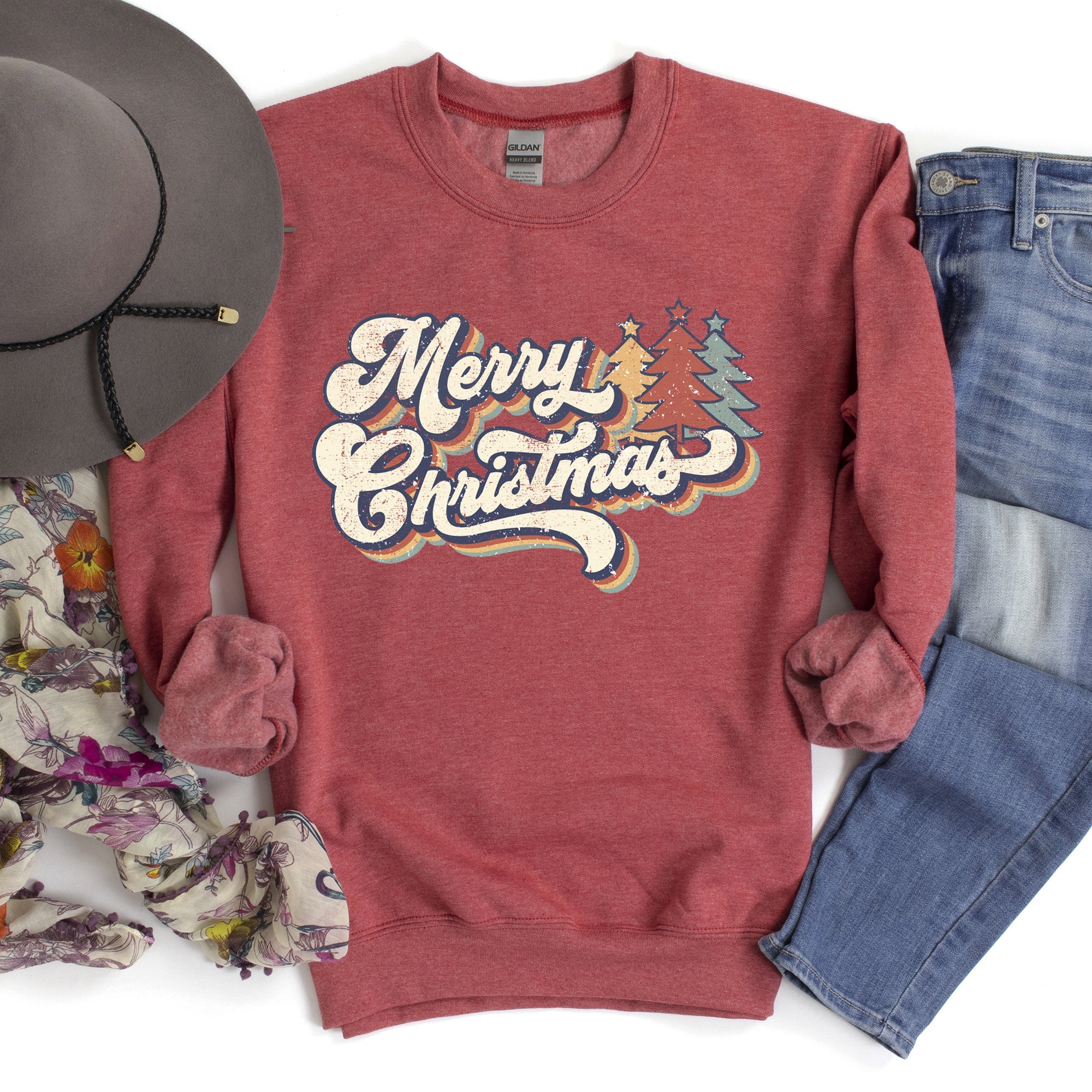 Merry Christmas, Retro Trees Holiday Cheer Vintage Nordic Style Graphic Art Print Sweatshirt