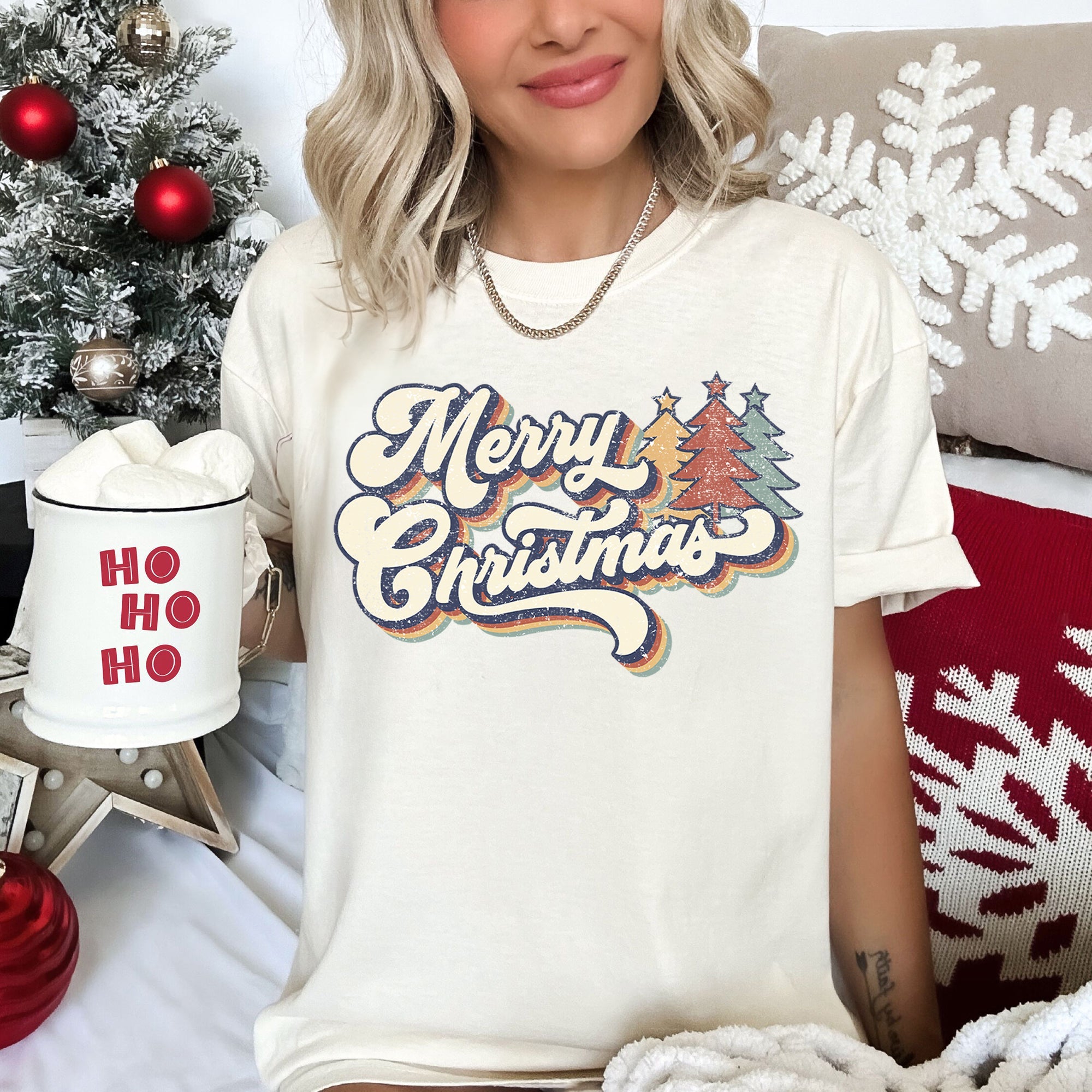 Merry Christmas Retro Trees Stacked Lettering Classic Design Edition Comfort Colors Tee