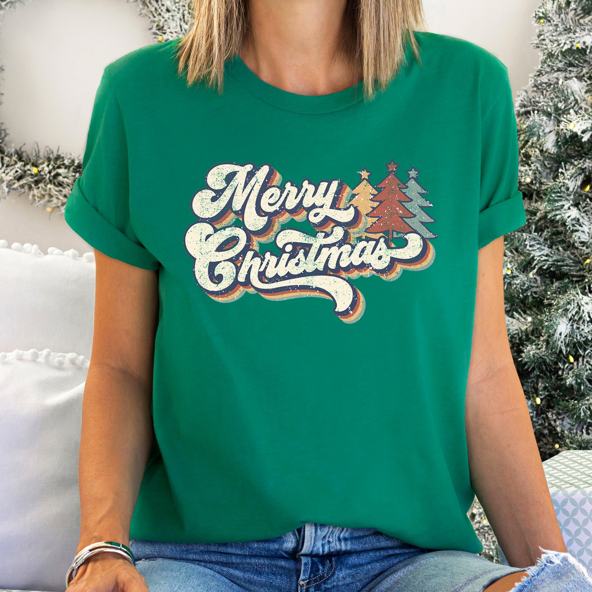 Merry Christmas Retro Trees Stacked Lettering Classic Design Vintage Edition Graphic Tee