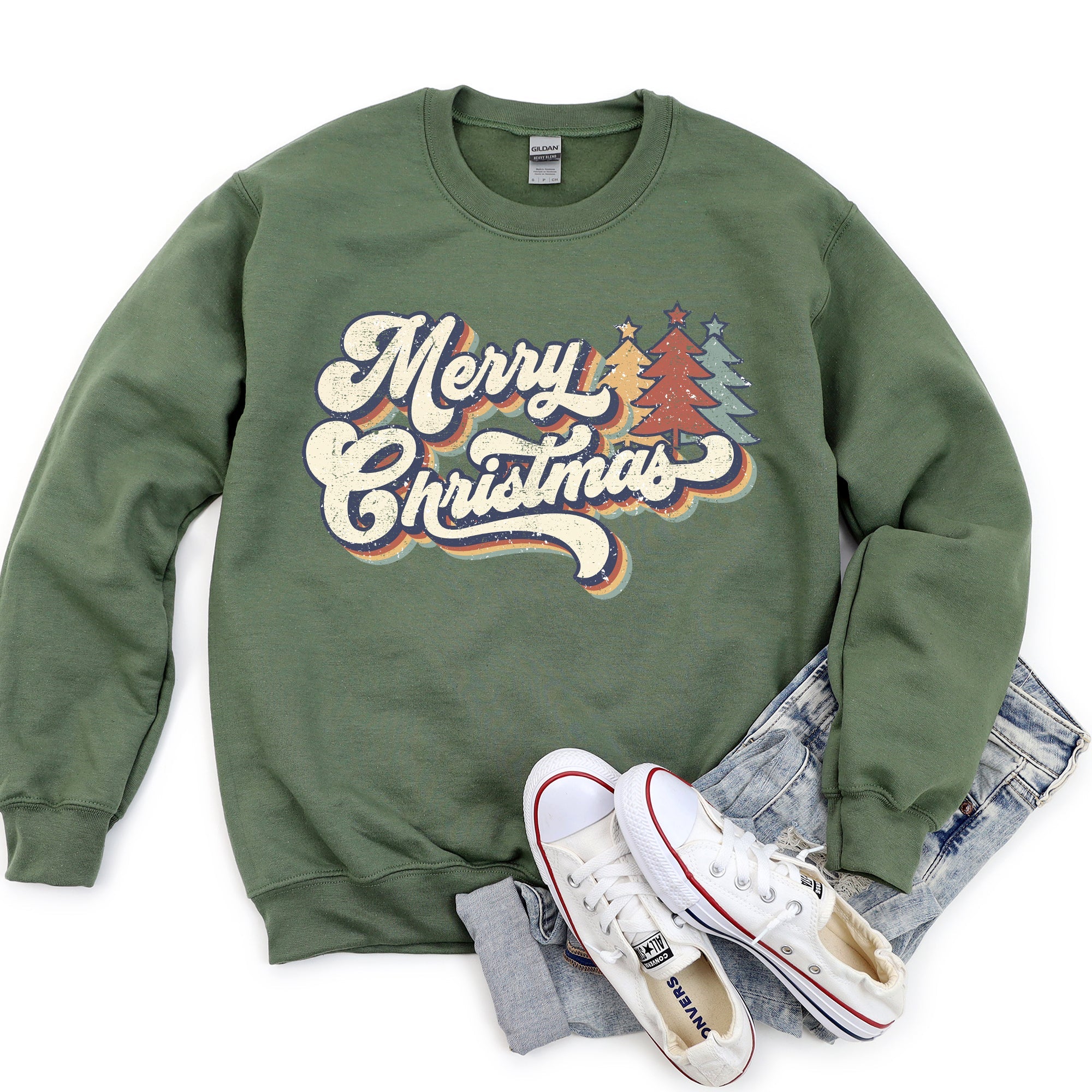 Merry Christmas, Retro Trees Holiday Cheer Vintage Nordic Style Graphic Art Print Sweatshirt
