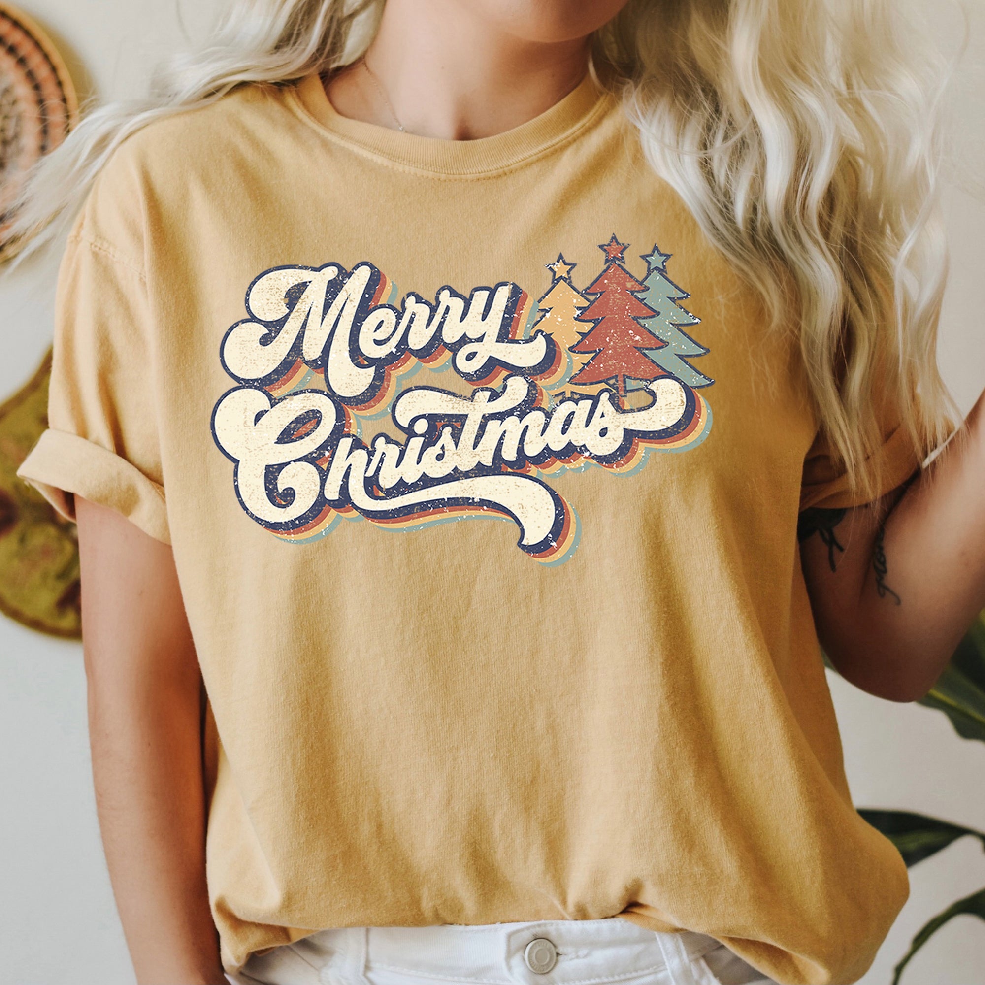 Merry Christmas Retro Trees Stacked Lettering Classic Design Edition Comfort Colors Tee