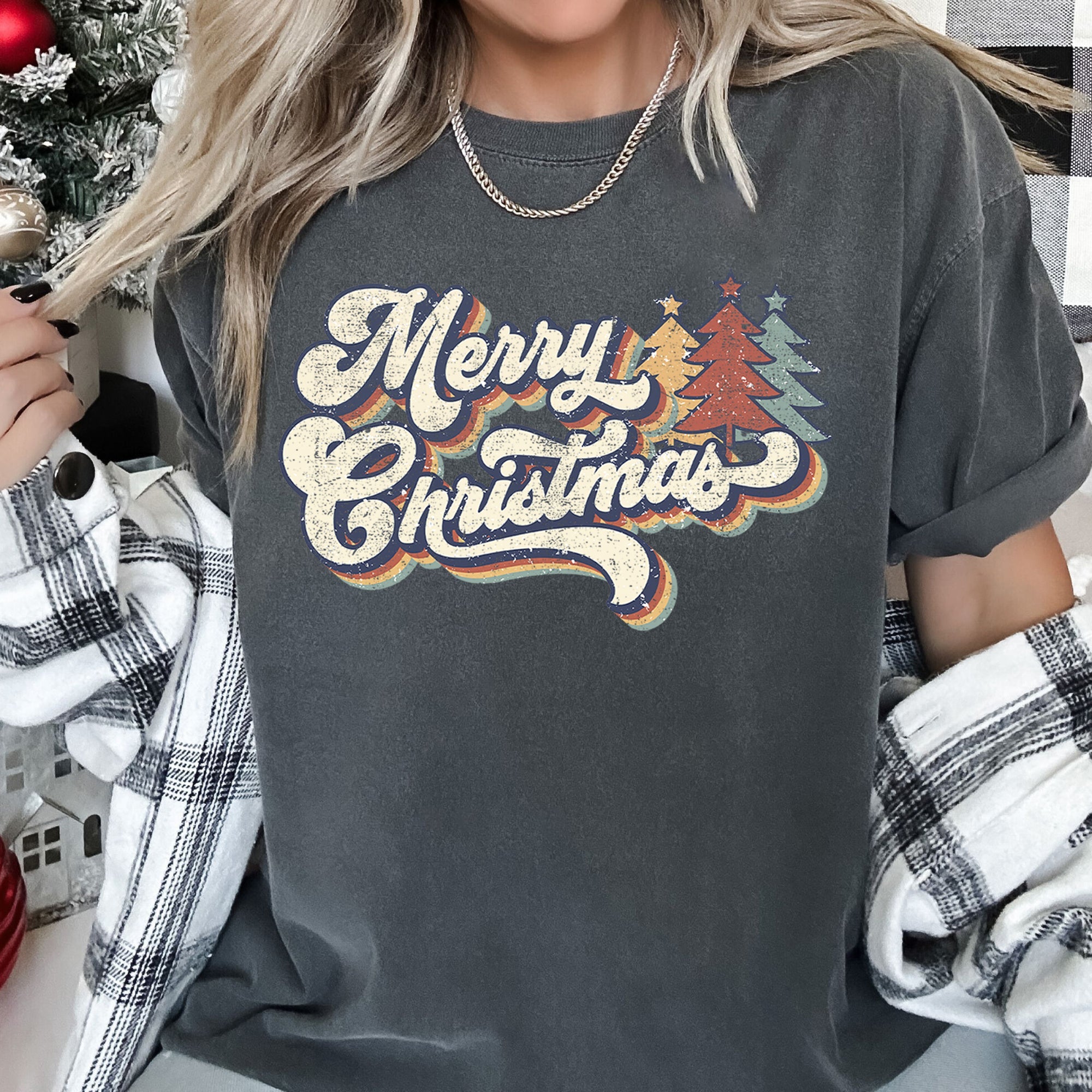 Merry Christmas Retro Trees Stacked Lettering Classic Design Edition Comfort Colors Tee