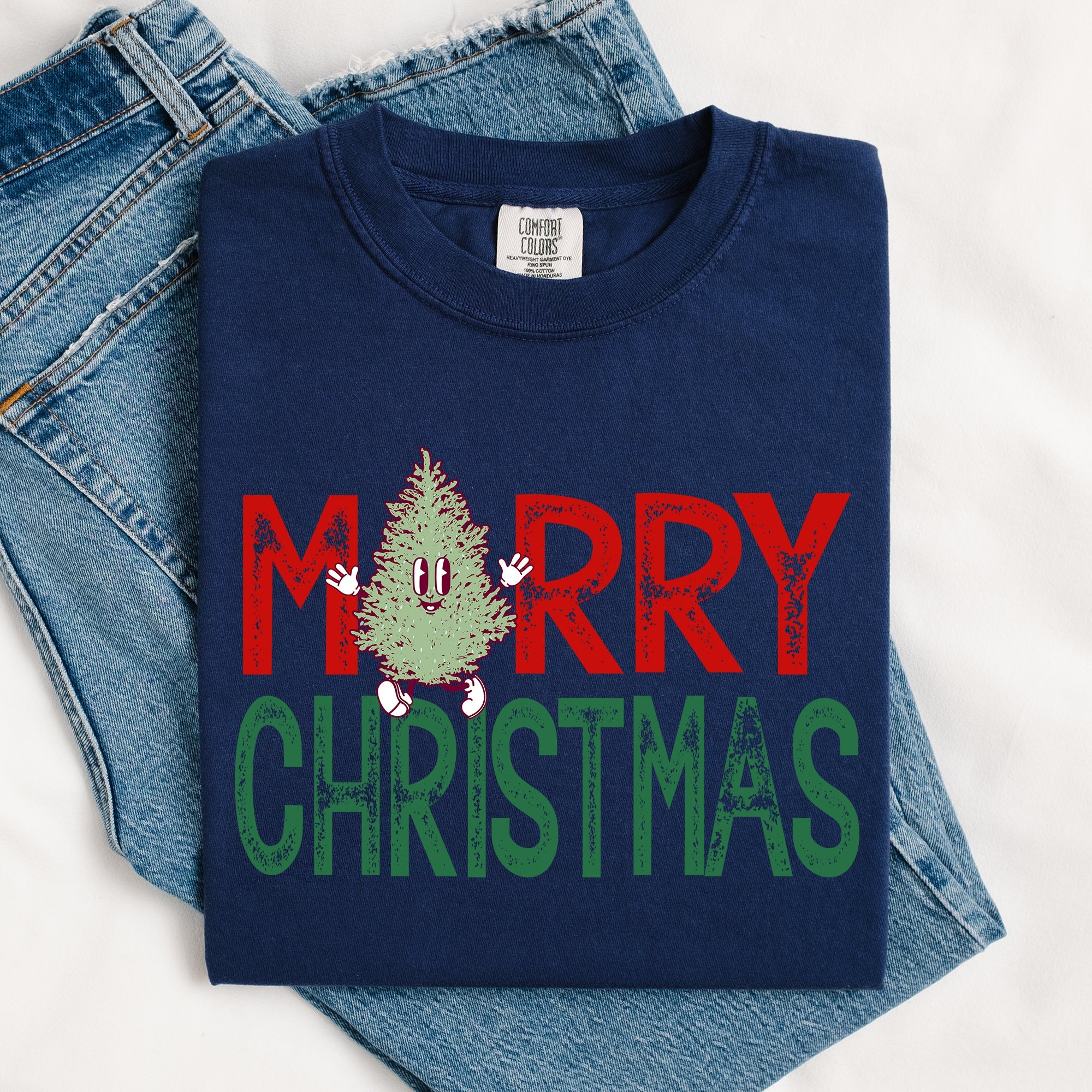 Merry Christmas Tree Festive Vintage Santa Xmas Cozy Nostalgic Winter Wonderland Charm Comfort Colors Tee