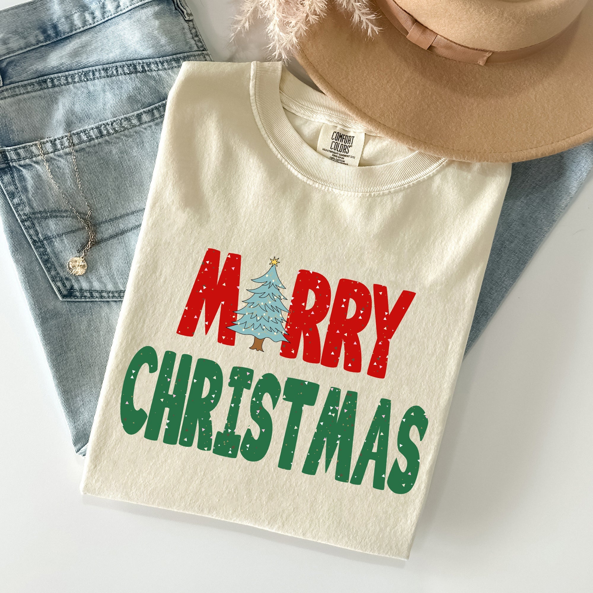 Merry Christmas Tree Vintage Retro Winter Santa Xmas Scene For Cozy Holidays Comfort Colors Tee