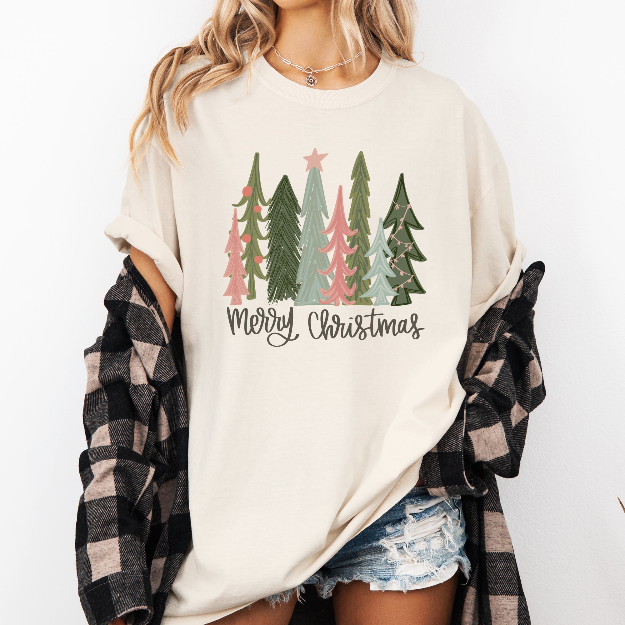 Merry Christmas Trees Festive Winter Scene With Santa And Snow Comfort Colors Tee
