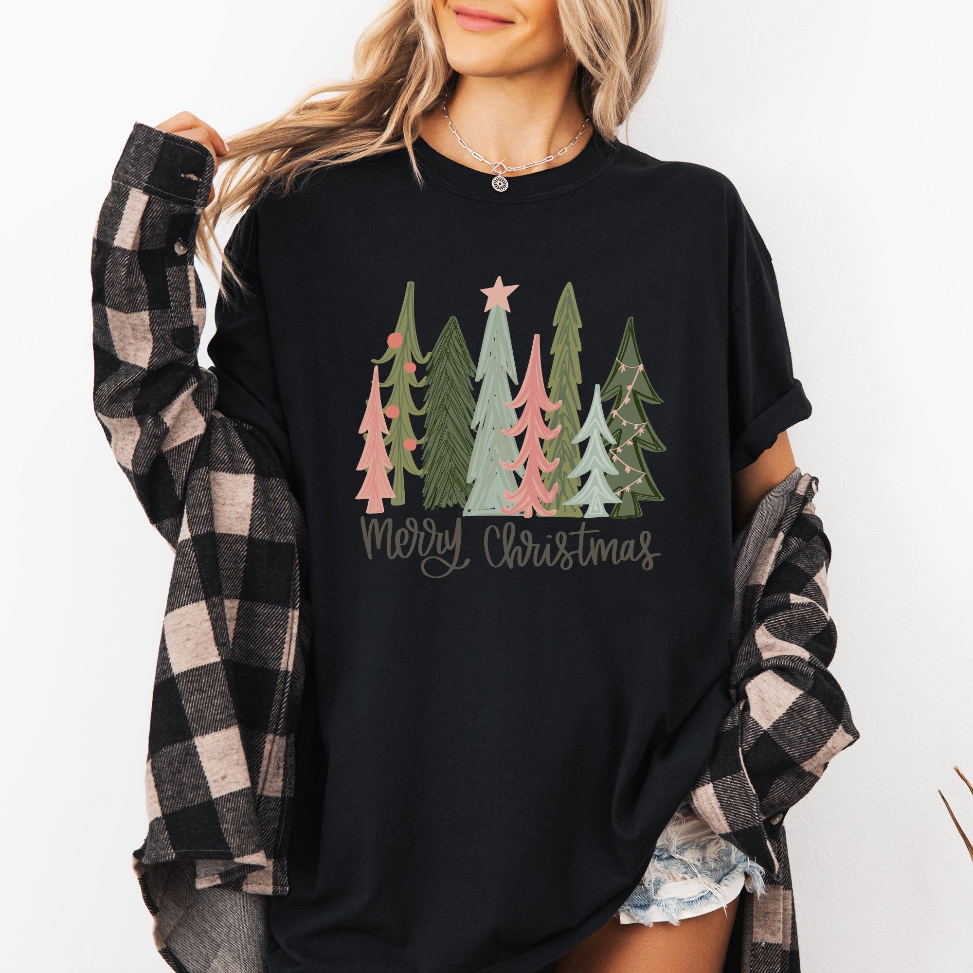 Merry Christmas Trees Festive Winter Scene With Santa And Snow Comfort Colors Tee