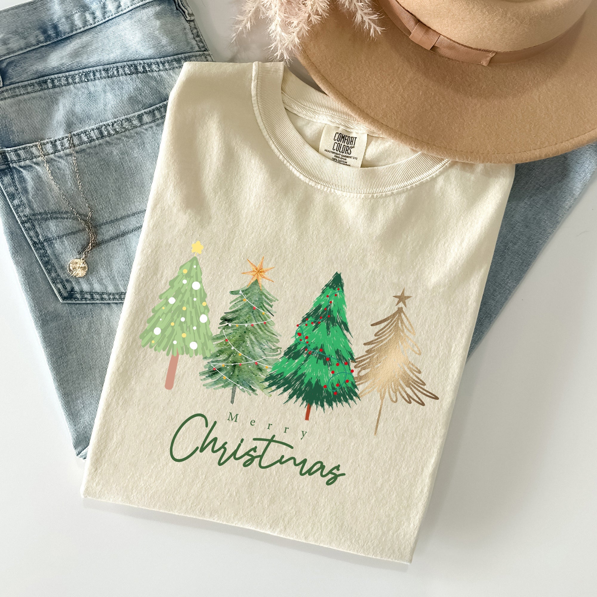 Merry Christmas Trees Vintage Minimalist Classic Winter Santa Xmas Comfort Colors Tee