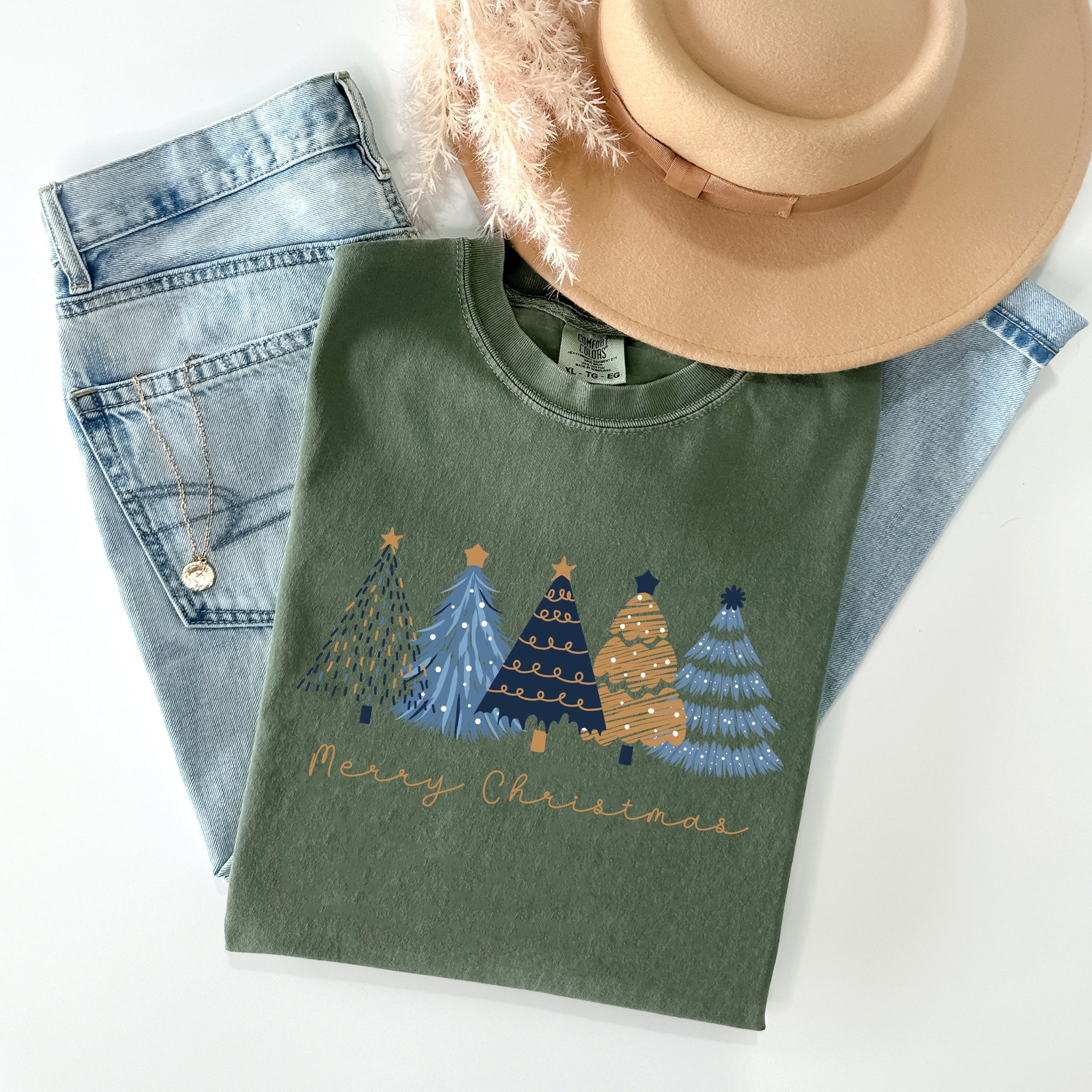 Merry Christmas Trees Winter Scene Gold Snow Santa Xmas Holiday Edition Comfort Colors Tee
