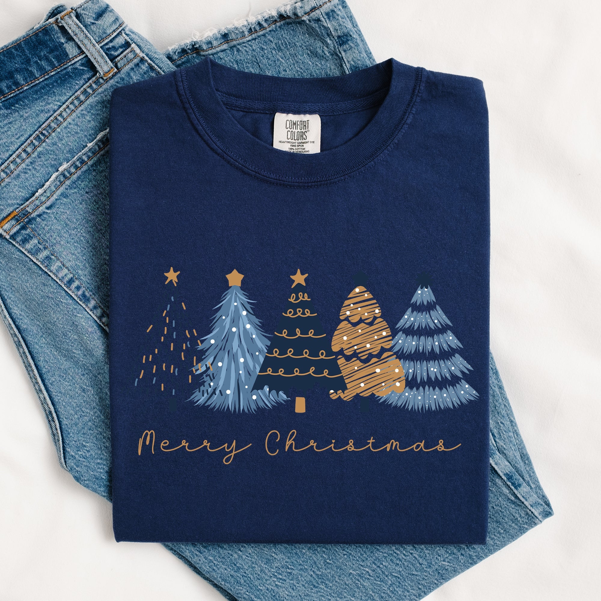 Merry Christmas Trees Winter Scene Gold Snow Santa Xmas Holiday Edition Comfort Colors Tee