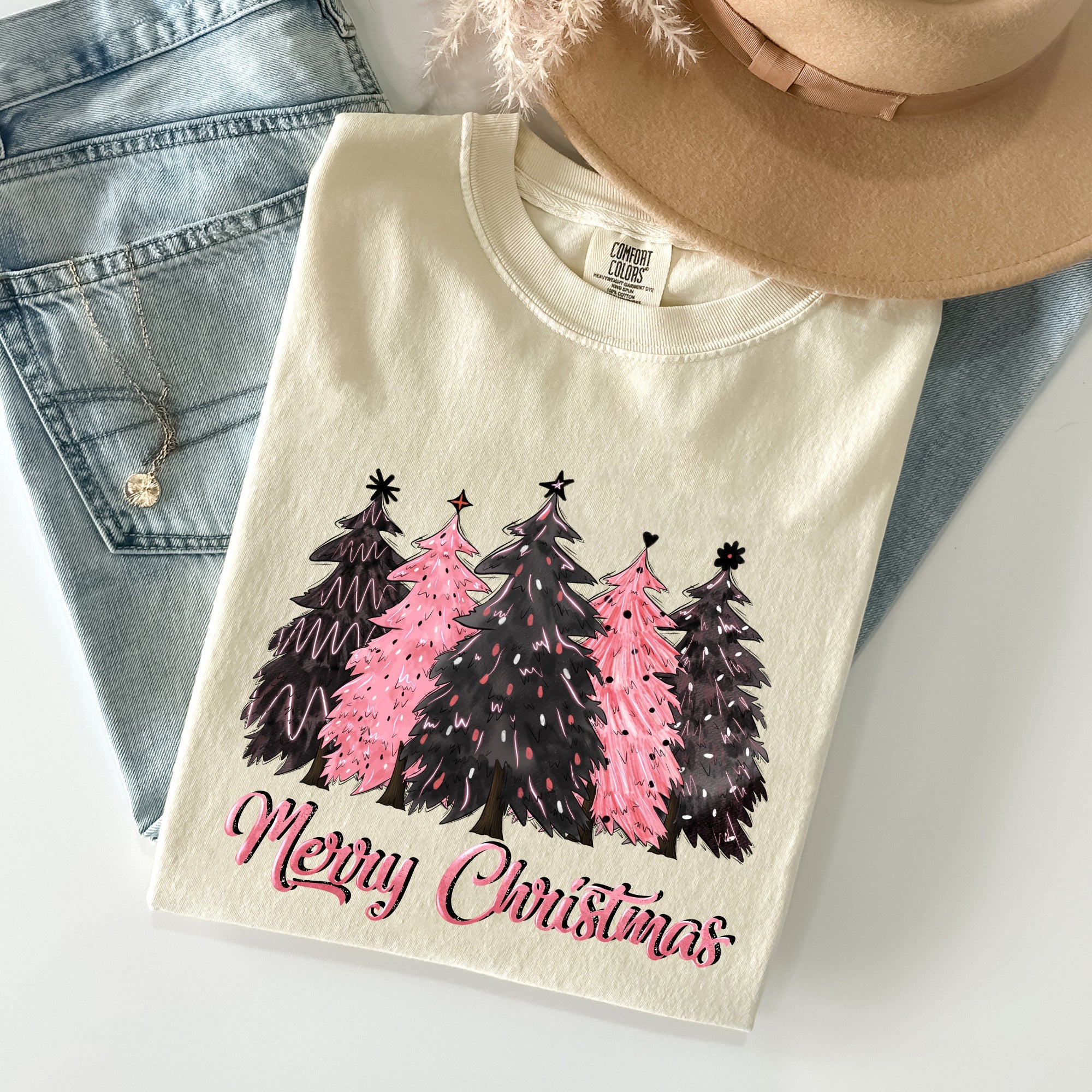 Merry Christmas Trees Winter Snow Santa Xmas Holiday Scene And Festive Decor Collection Comfort Colors Tee