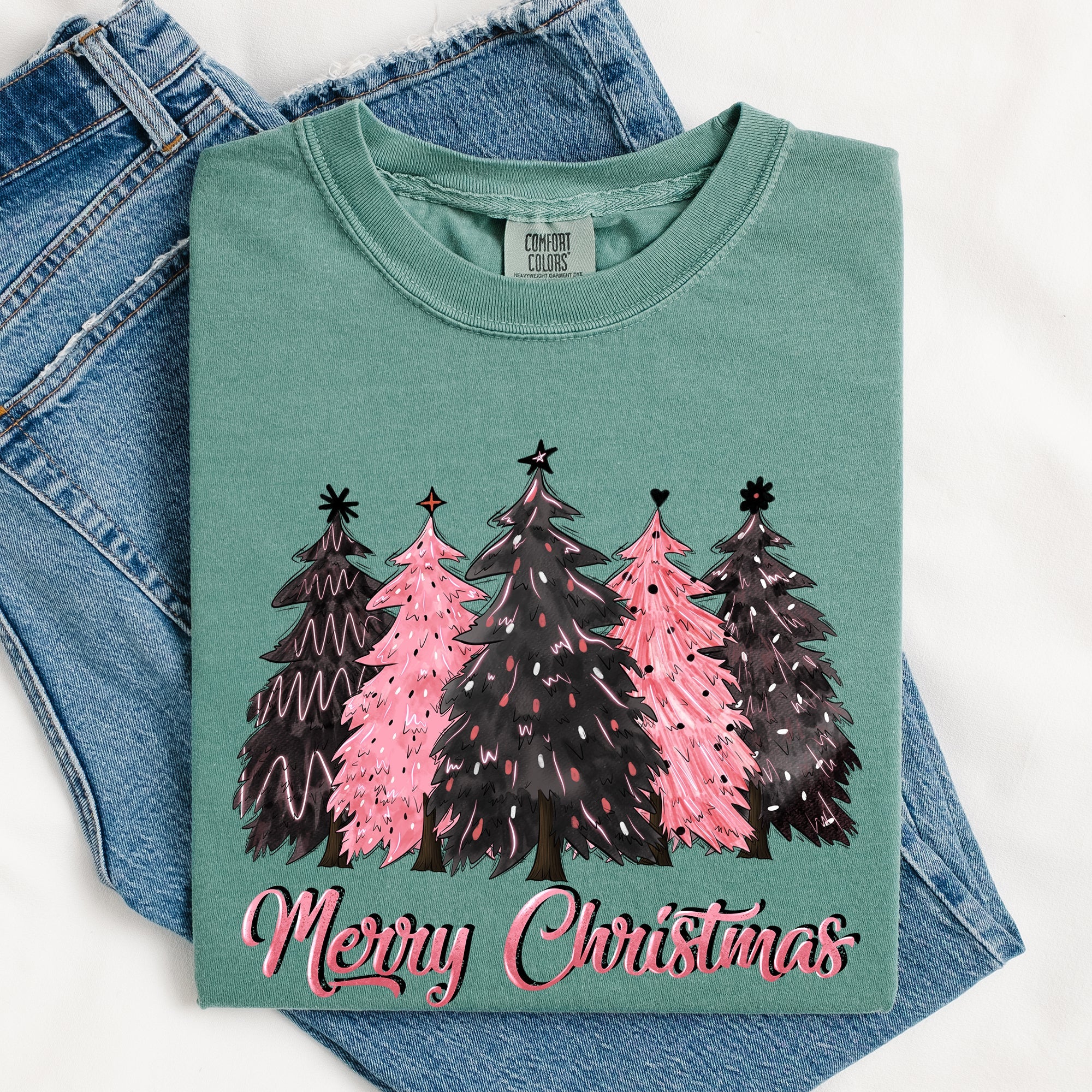 Merry Christmas Trees Winter Snow Santa Xmas Holiday Scene And Festive Decor Collection Comfort Colors Tee