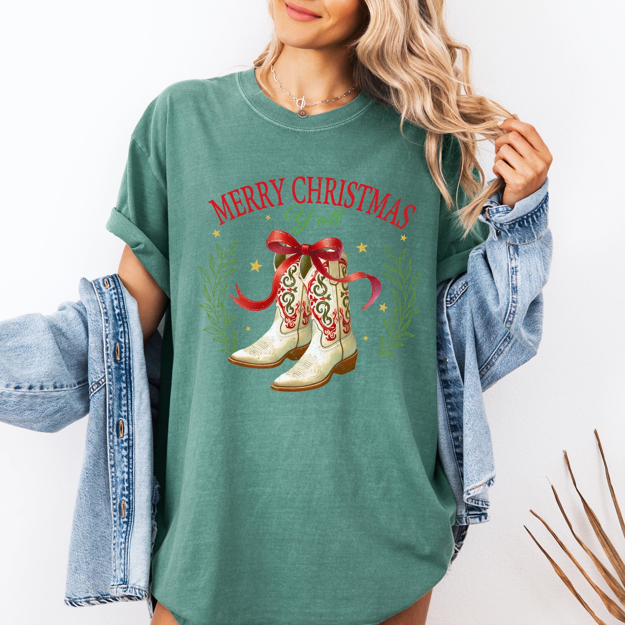 Merry Christmas Y'all Cowboy Boots Ribbon Country Western Snow Xmas Comfort Colors Tee