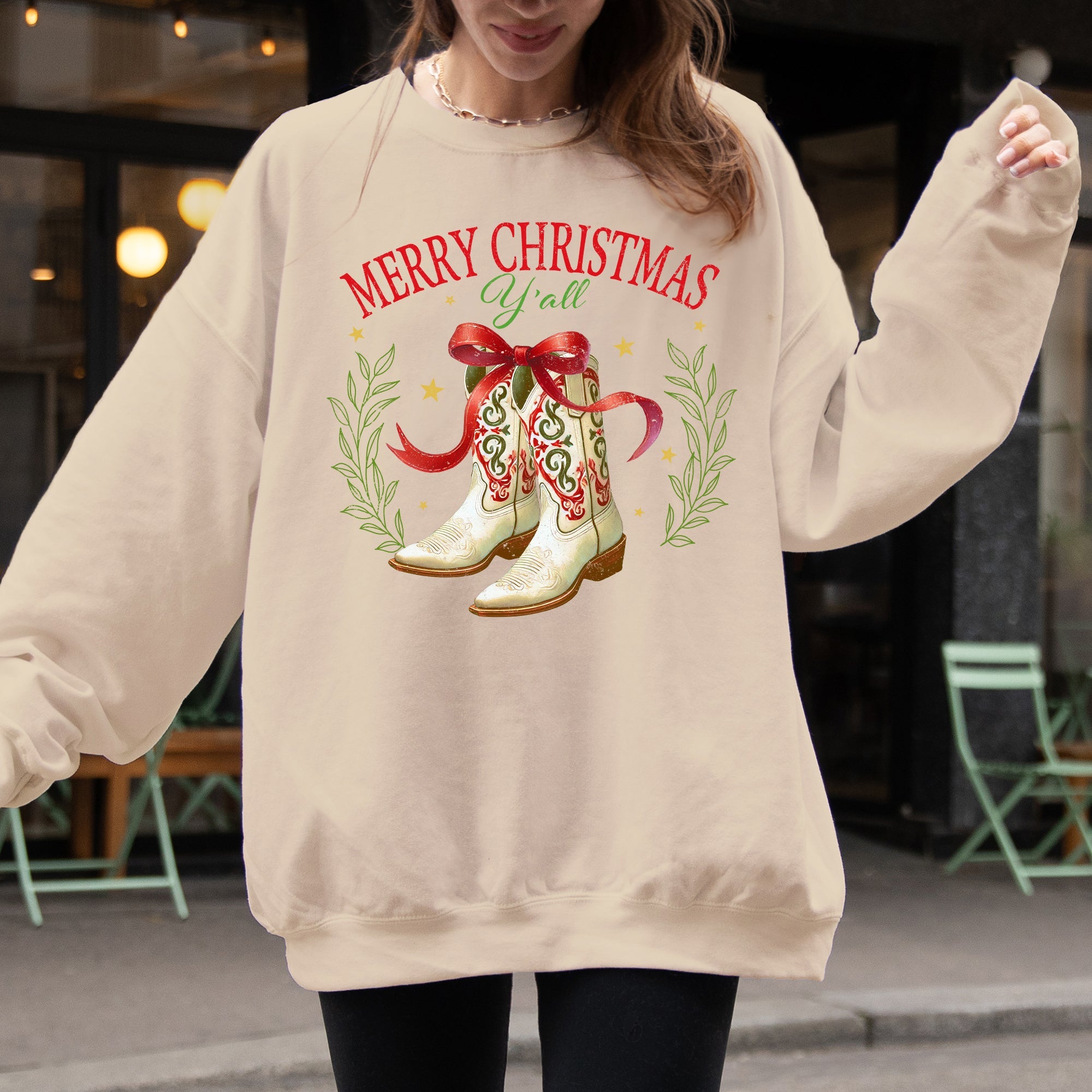 Merry Christmas Y'all Cowboy Boots Ribbon Country Western Snow Xmas Seasonal Sweatshirt