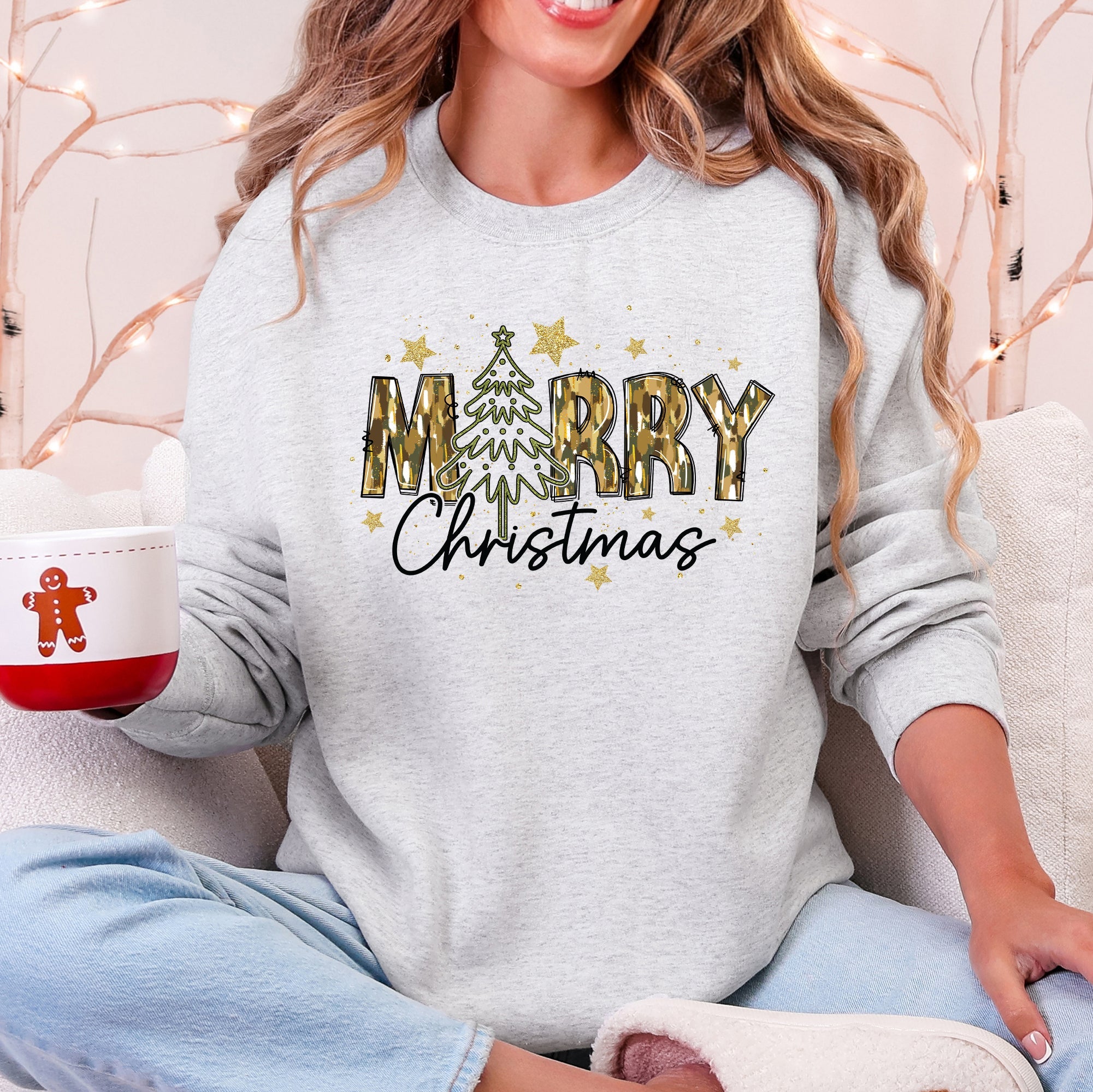 Merry Christmas Camo Santa And Christmas Tree Design Graphic Sweatshirt For Holidays