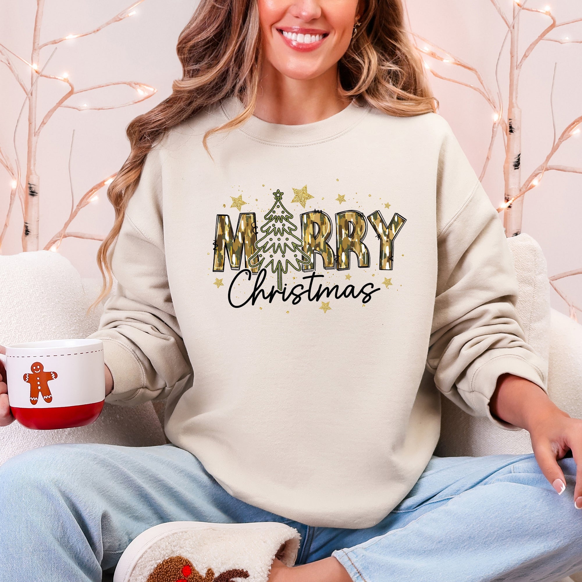 Merry Christmas Camo Santa And Christmas Tree Design Graphic Sweatshirt For Holidays