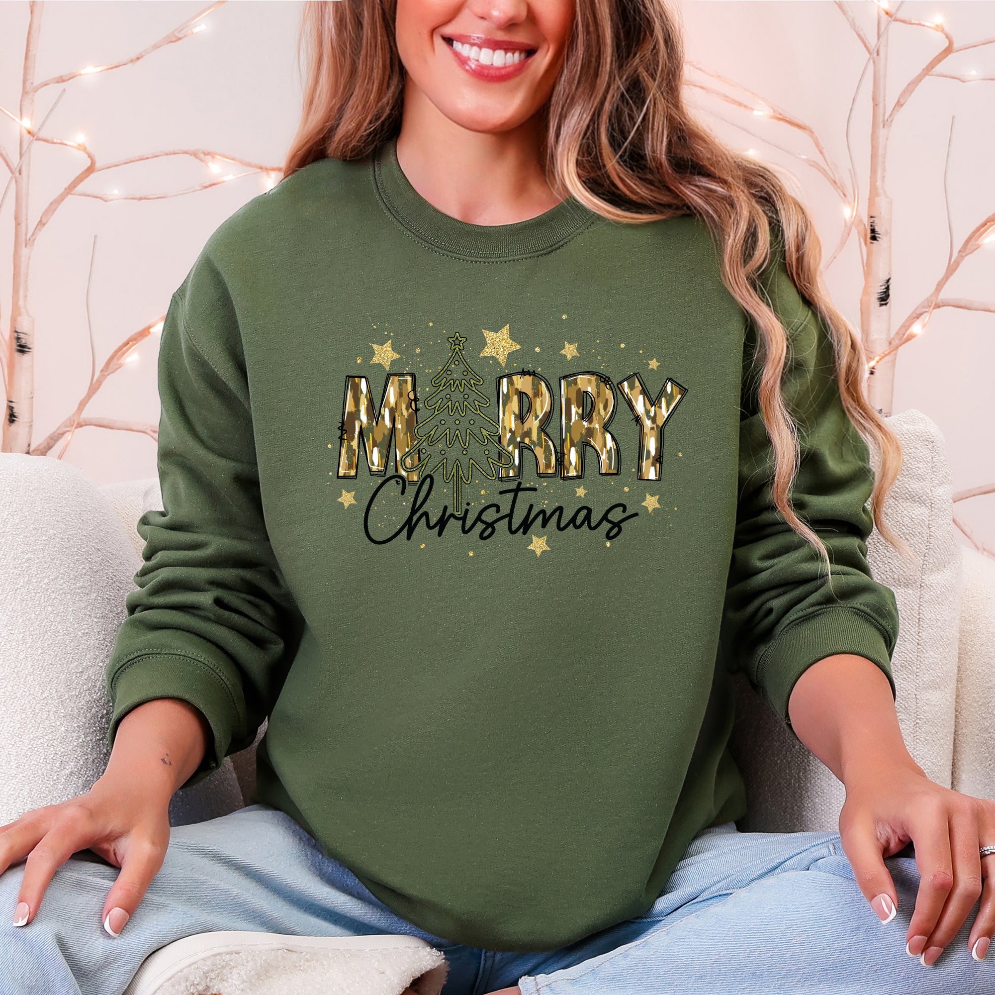 Merry Christmas Camo Santa And Christmas Tree Design Graphic Sweatshirt For Holidays
