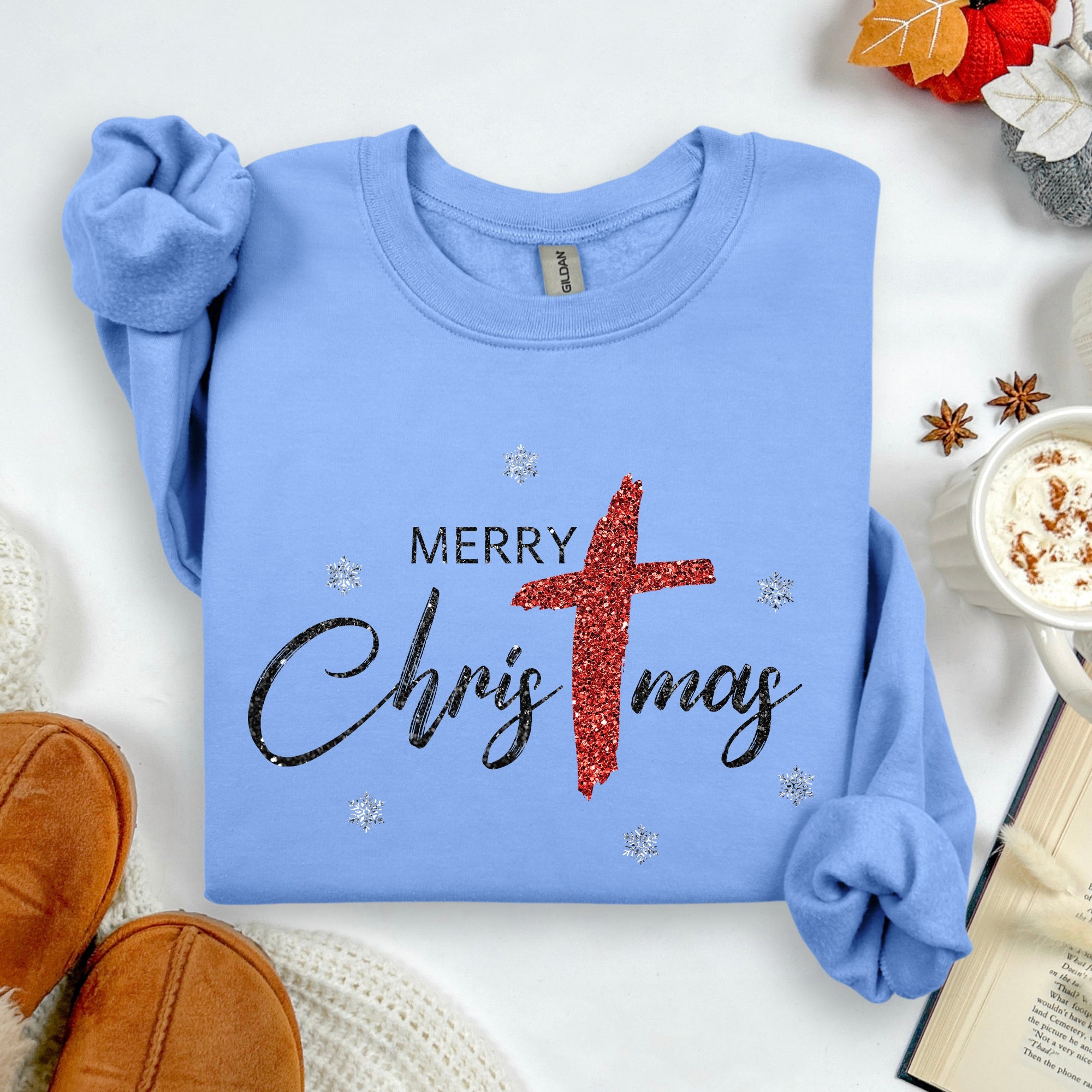 Merry Christmas Christ Faux Glitter Religious Gospel Faith Holiday Season Sweatshirt