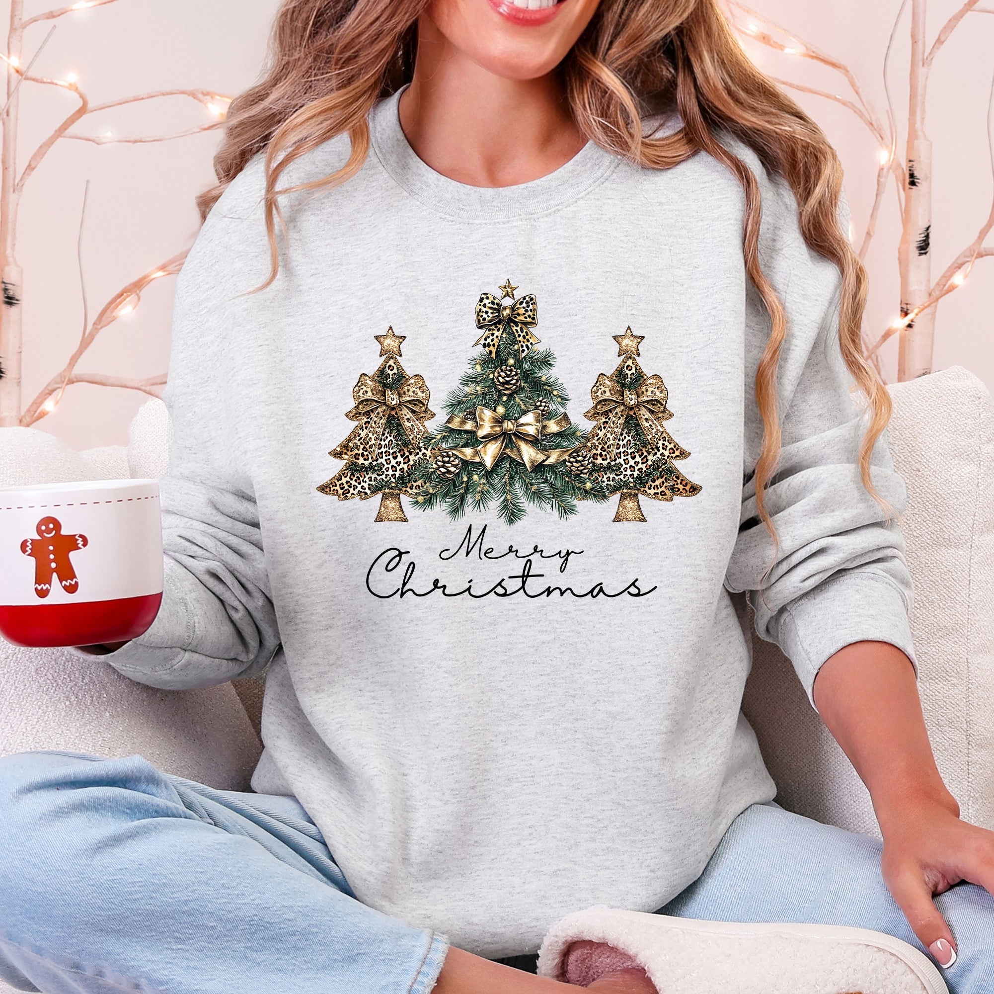 Merry Christmas, Christmas Trees, Ribbons, Bows Illustrated Design Pattern Sweatshirt