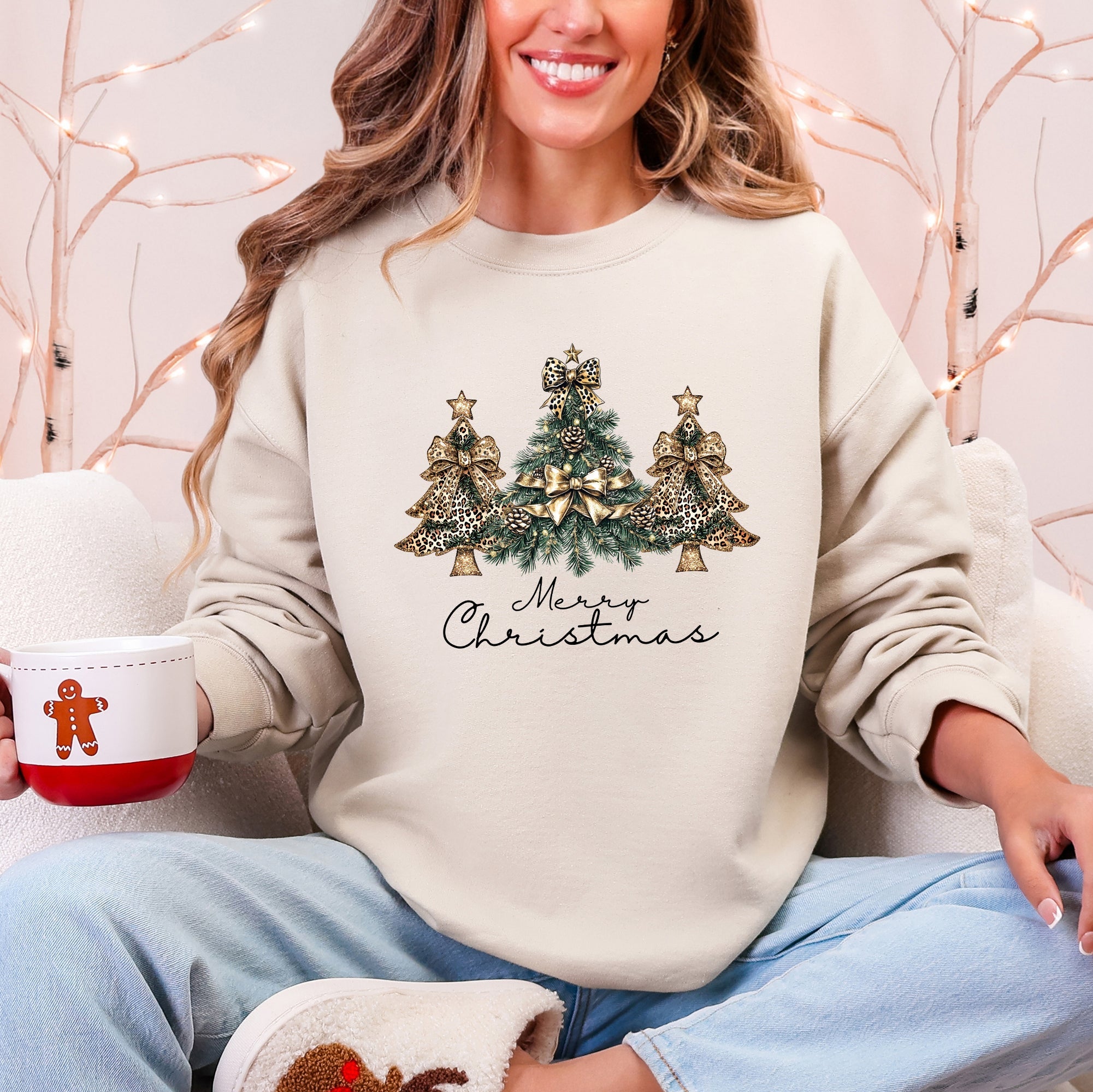 Merry Christmas, Christmas Trees, Ribbons, Bows Illustrated Design Pattern Sweatshirt