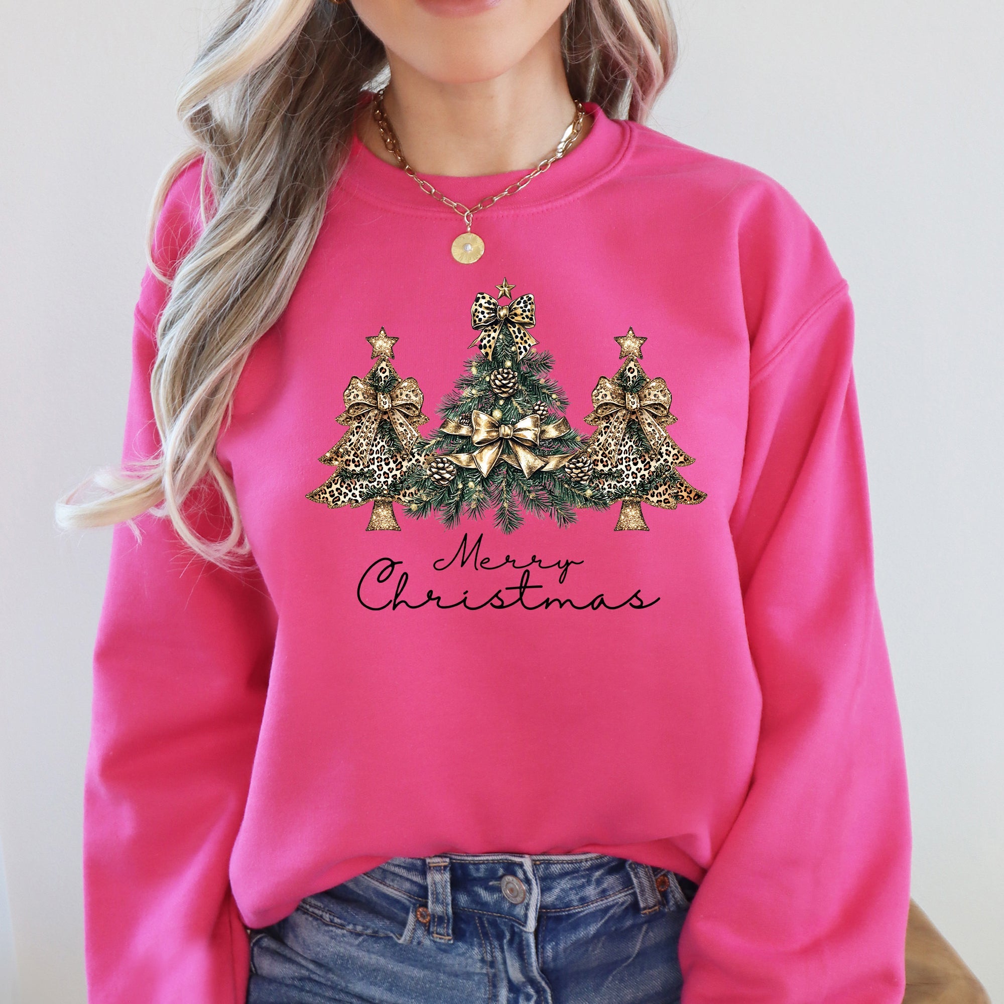 Merry Christmas, Christmas Trees, Ribbons, Bows Illustrated Design Pattern Sweatshirt