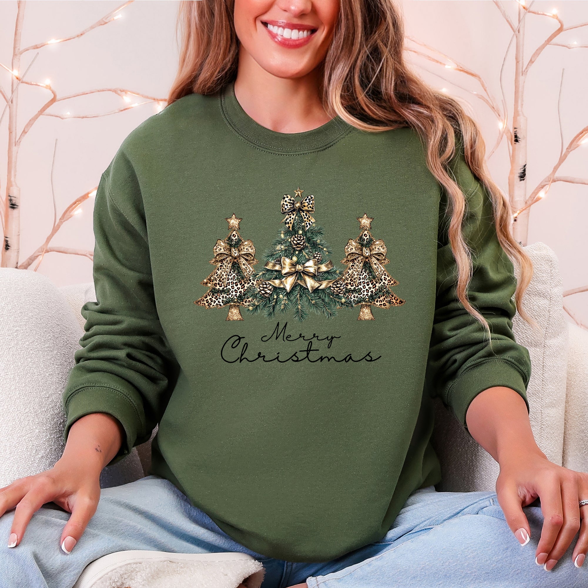 Merry Christmas, Christmas Trees, Ribbons, Bows Illustrated Design Pattern Sweatshirt