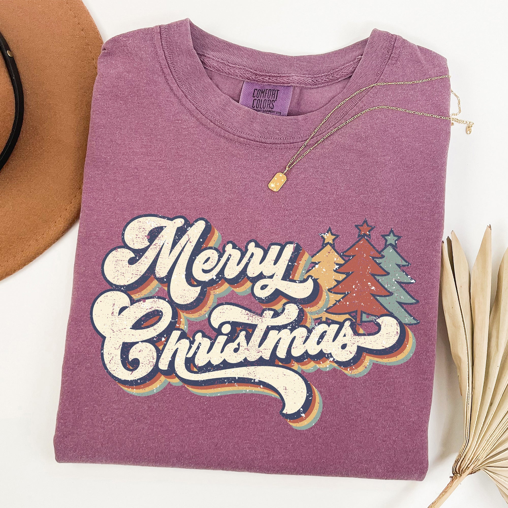 Merry Christmas Colorful Retro Santa Claus Winter Scene Vintage Typography Comfort Colors Tee
