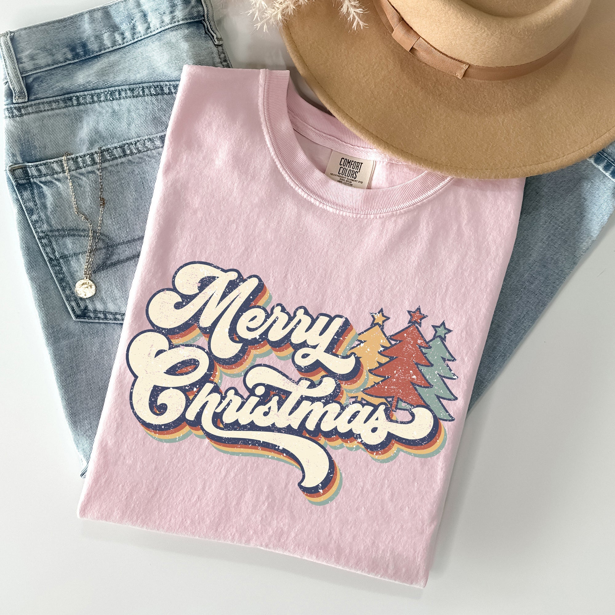 Merry Christmas Colorful Retro Santa Claus Winter Scene Vintage Typography Comfort Colors Tee