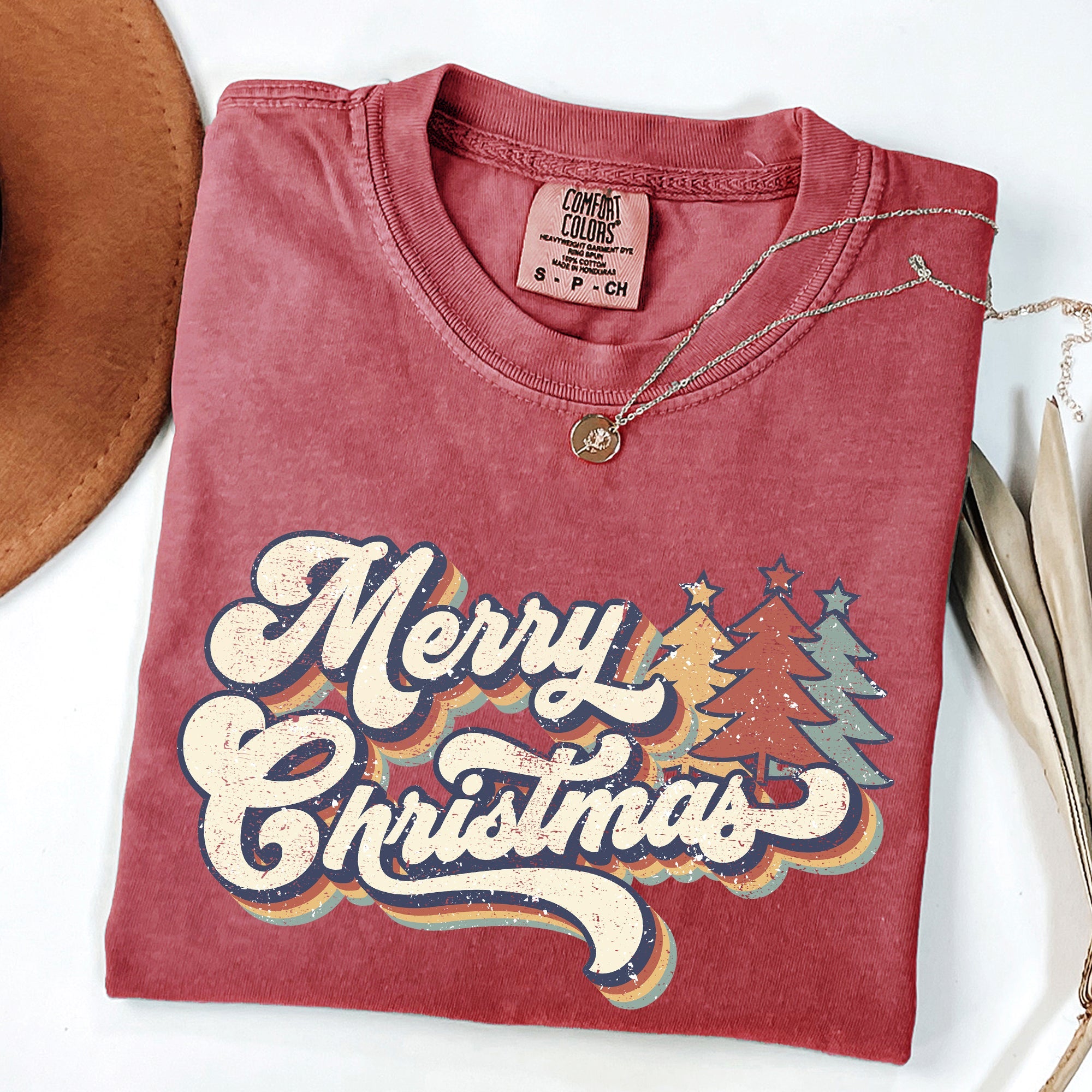 Merry Christmas Colorful Retro Santa Claus Winter Scene Vintage Typography Comfort Colors Tee
