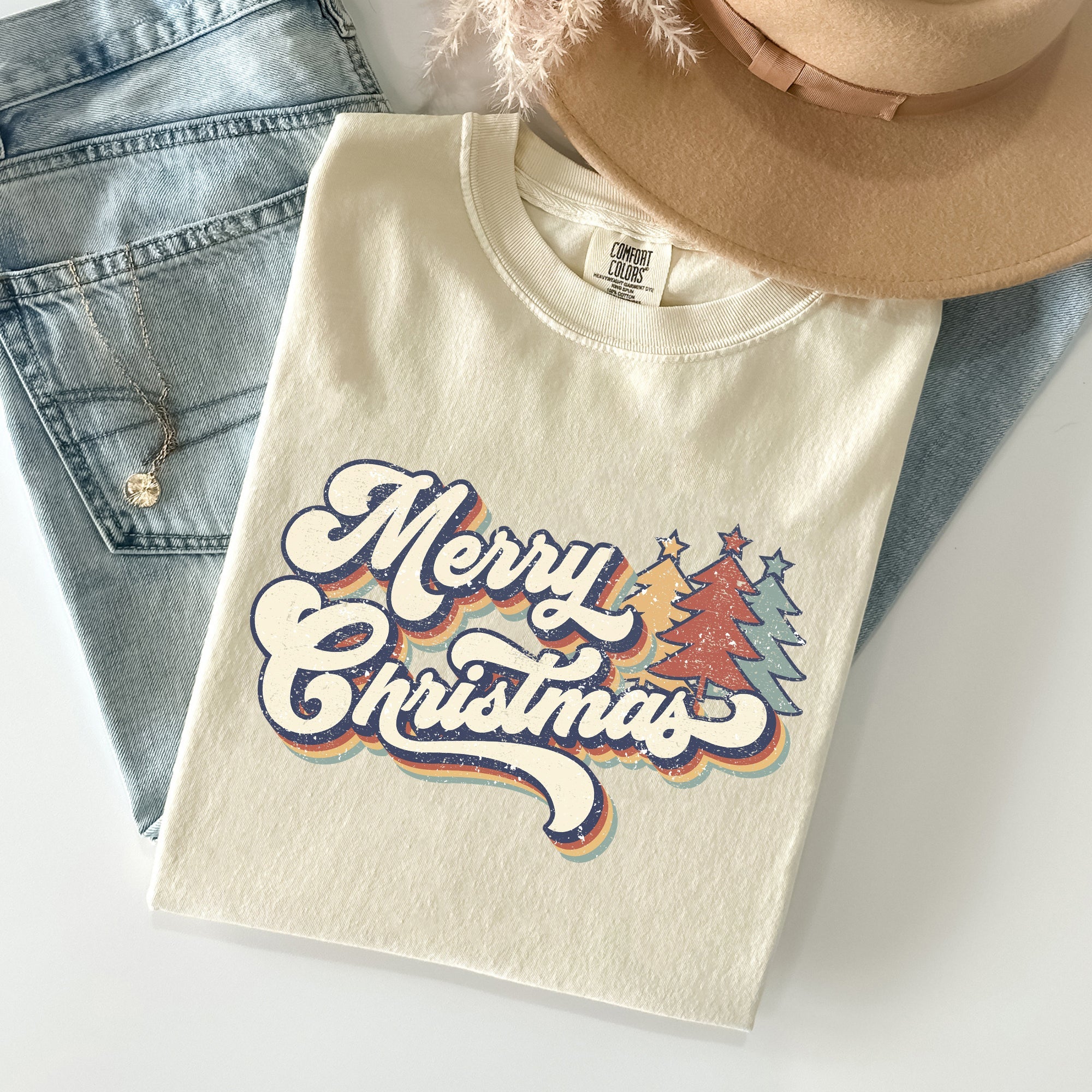 Merry Christmas Colorful Retro Santa Claus Winter Scene Vintage Typography Comfort Colors Tee