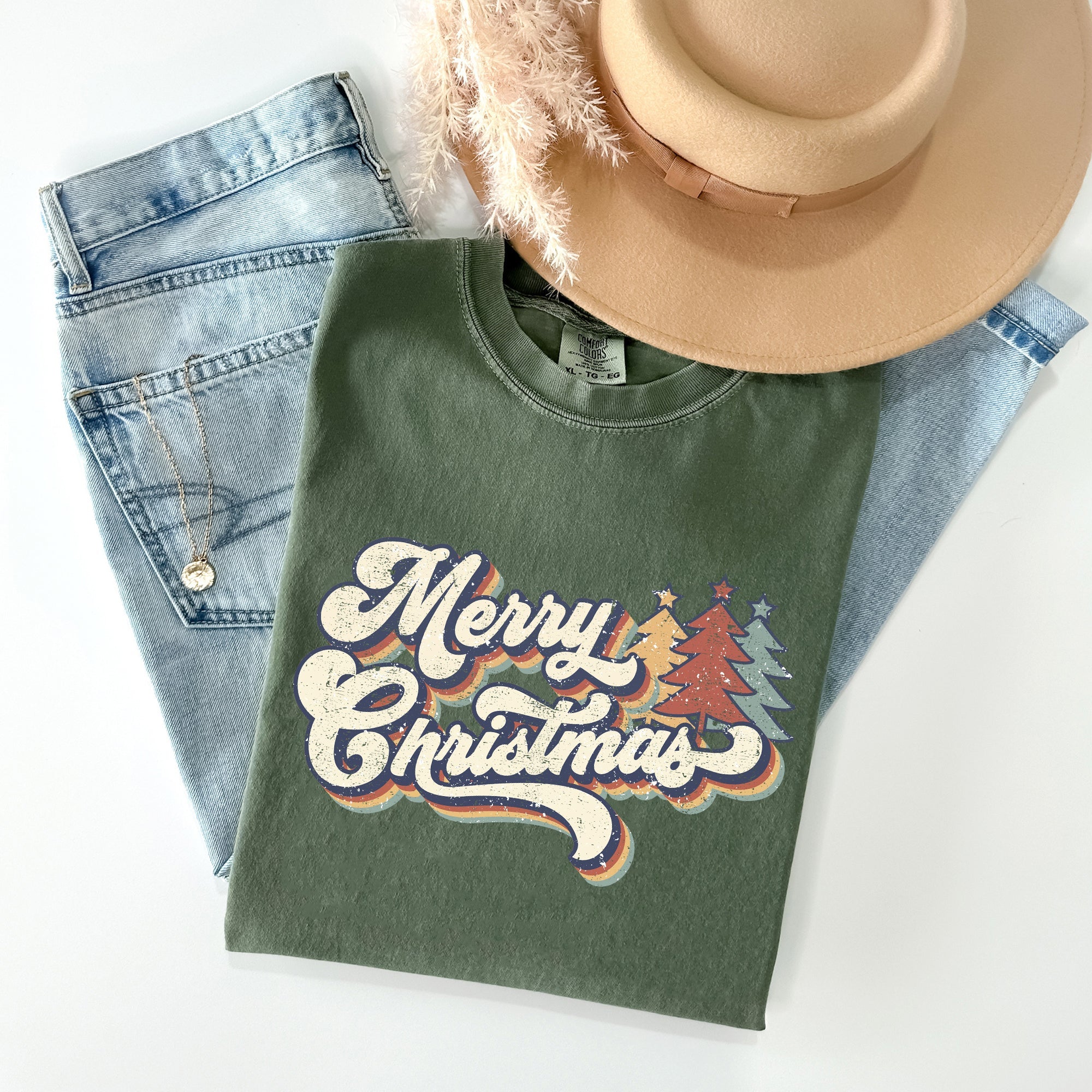 Merry Christmas Colorful Retro Santa Claus Winter Scene Vintage Typography Comfort Colors Tee