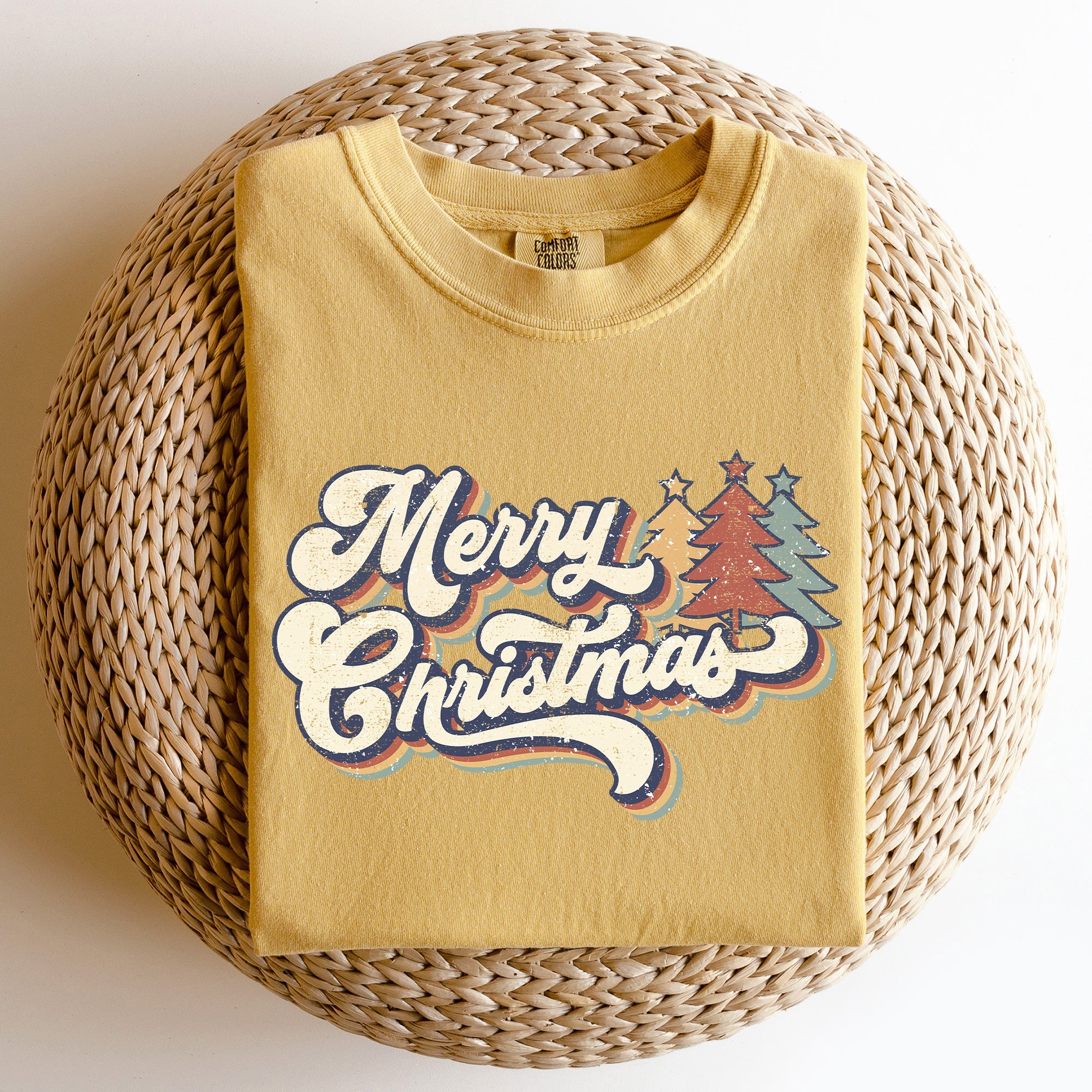 Merry Christmas Colorful Retro Santa Claus Winter Scene Vintage Typography Comfort Colors Tee