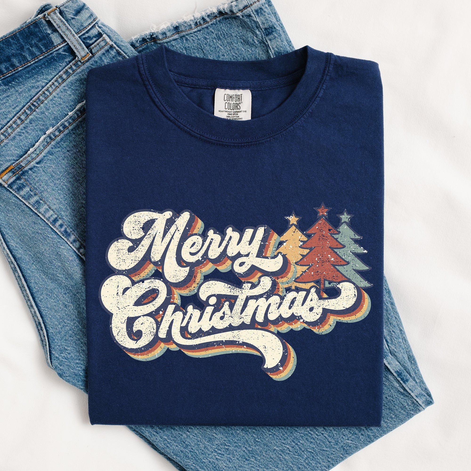 Merry Christmas Colorful Retro Santa Claus Winter Scene Vintage Typography Comfort Colors Tee