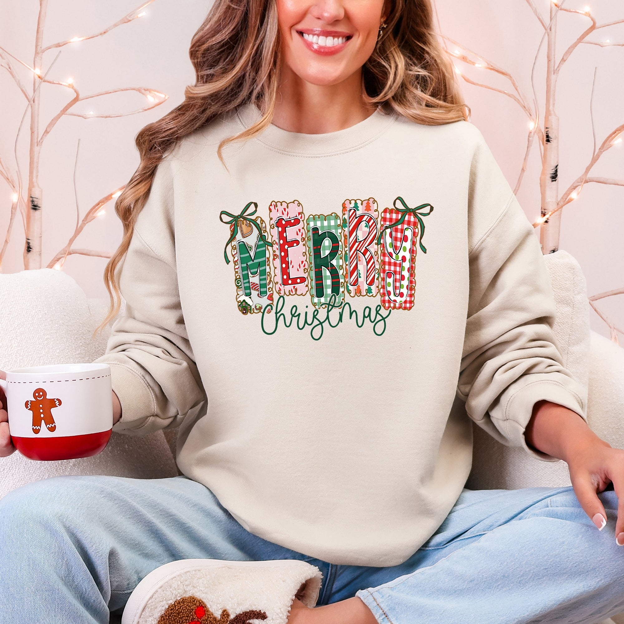 Merry Christmas Colorful Retro Geese Festive Winter Cozy Warm Fleece Lined Graphic Sweatshirt