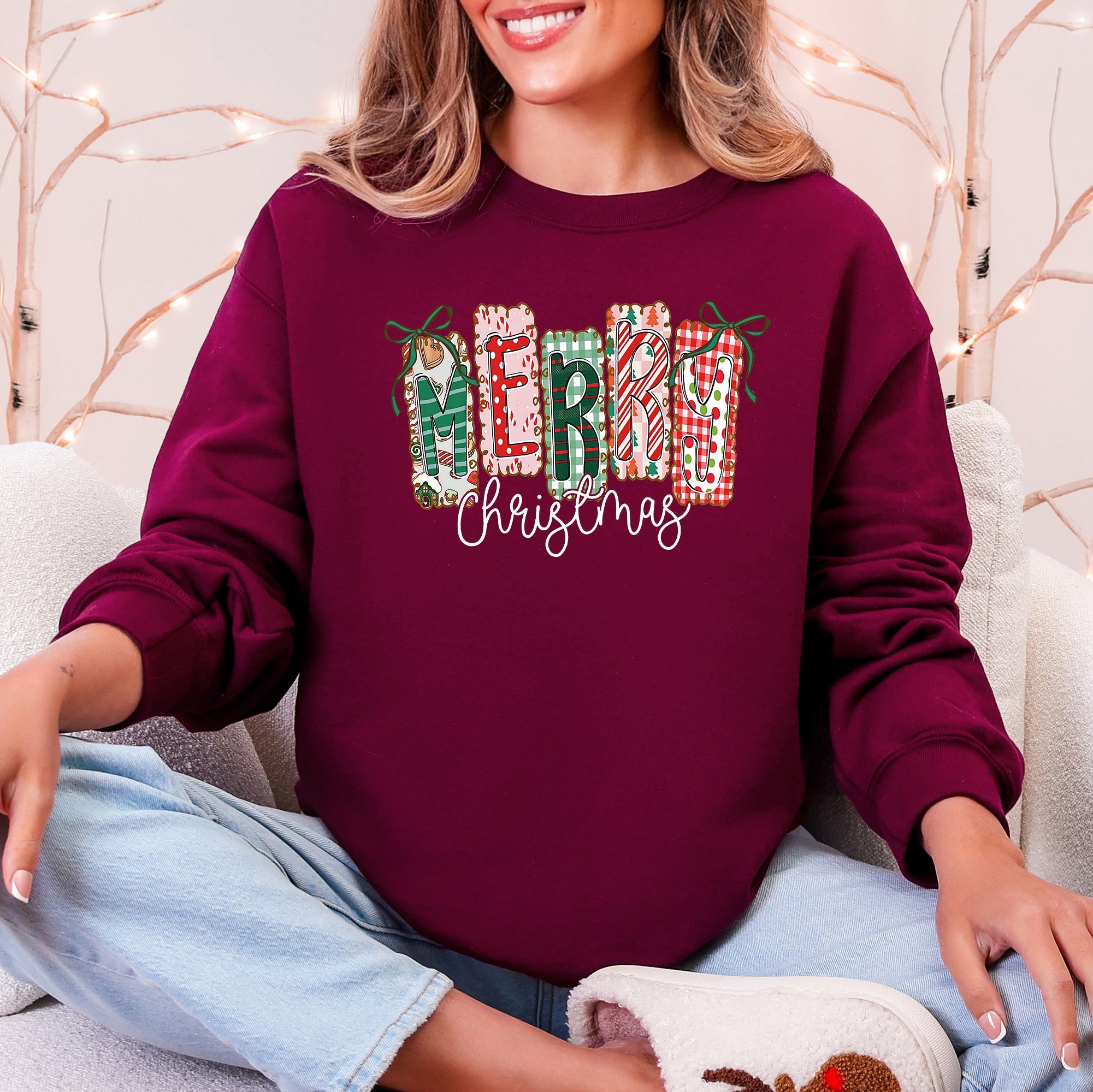 Merry Christmas Colorful Retro Geese Festive Winter Cozy Warm Fleece Lined Graphic Sweatshirt