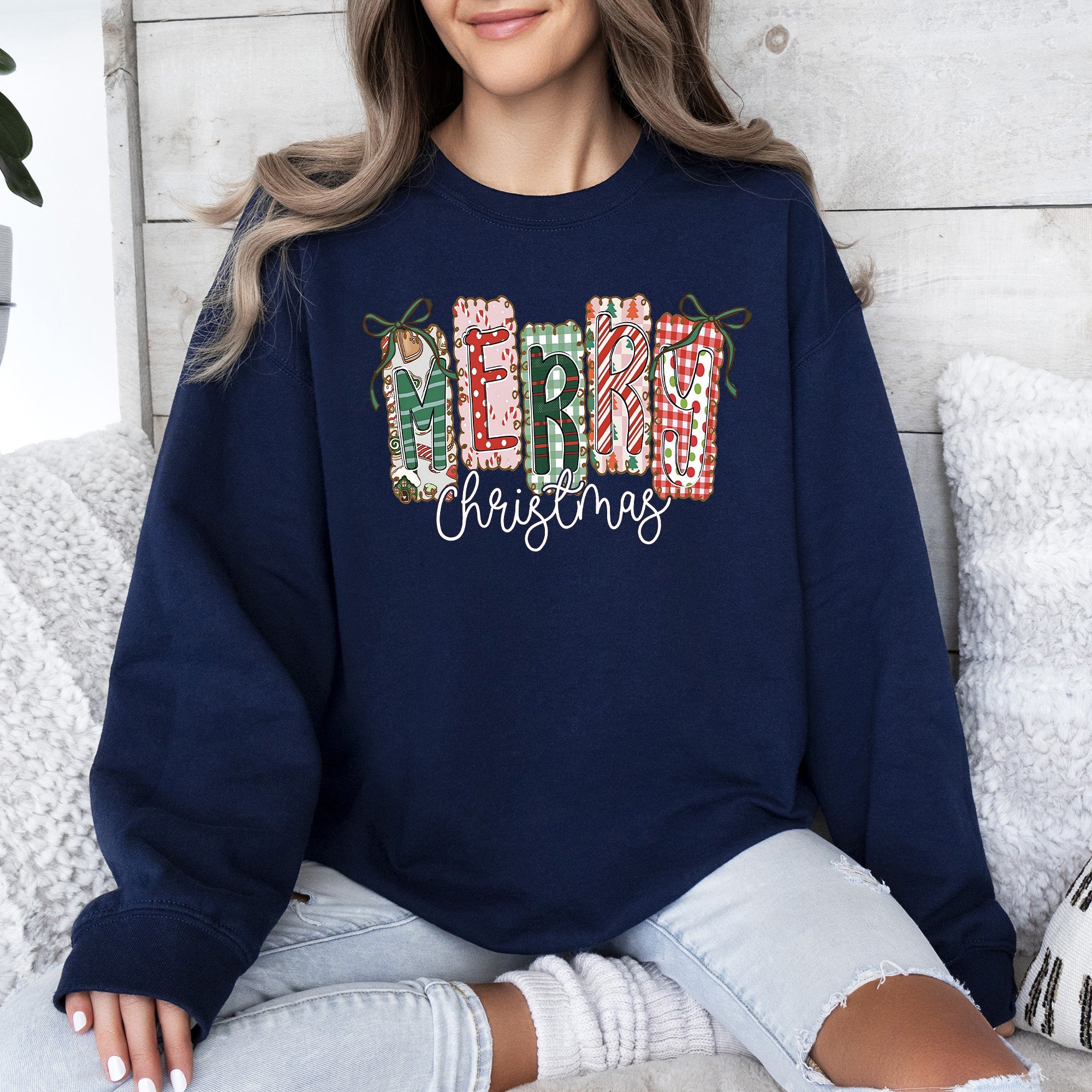 Merry Christmas Colorful Retro Geese Festive Winter Cozy Warm Fleece Lined Graphic Sweatshirt