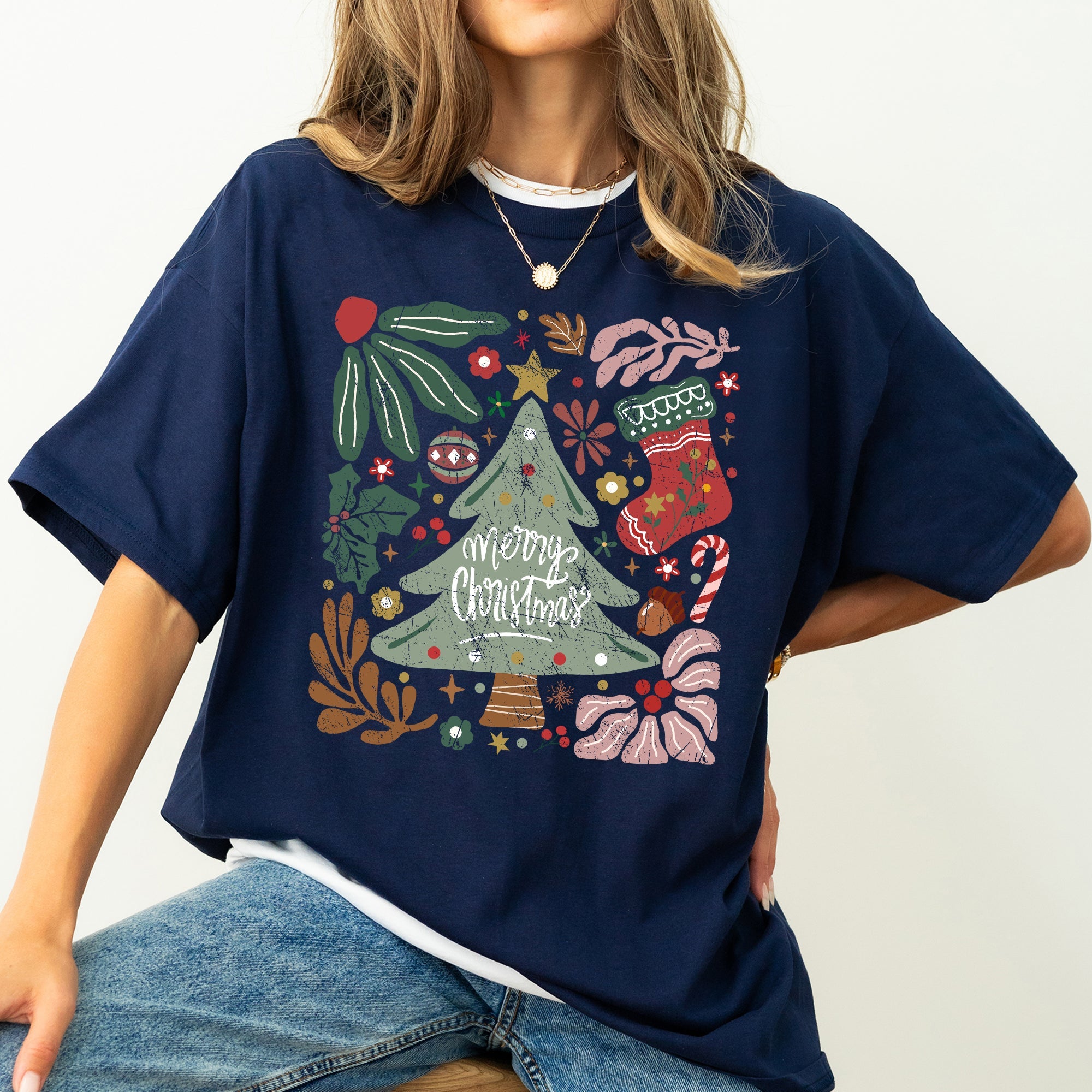 Merry Christmas Green Floral Flowers Winter Holiday Garden Motif Classic Keepsake Comfort Colors Tee