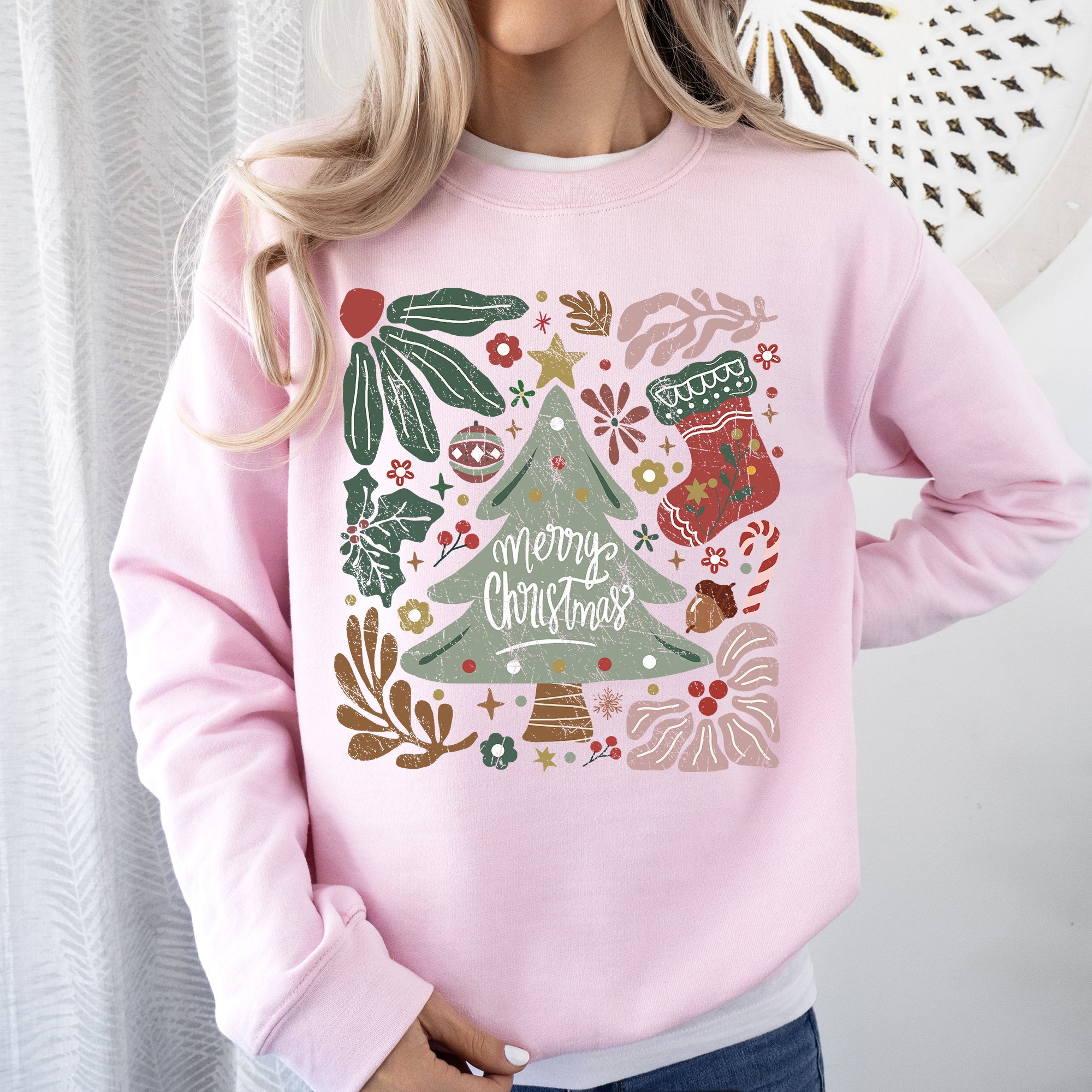 Merry Christmas Green Floral Pattern Emblazoned With Classic Holiday Flowers Sweatshirt