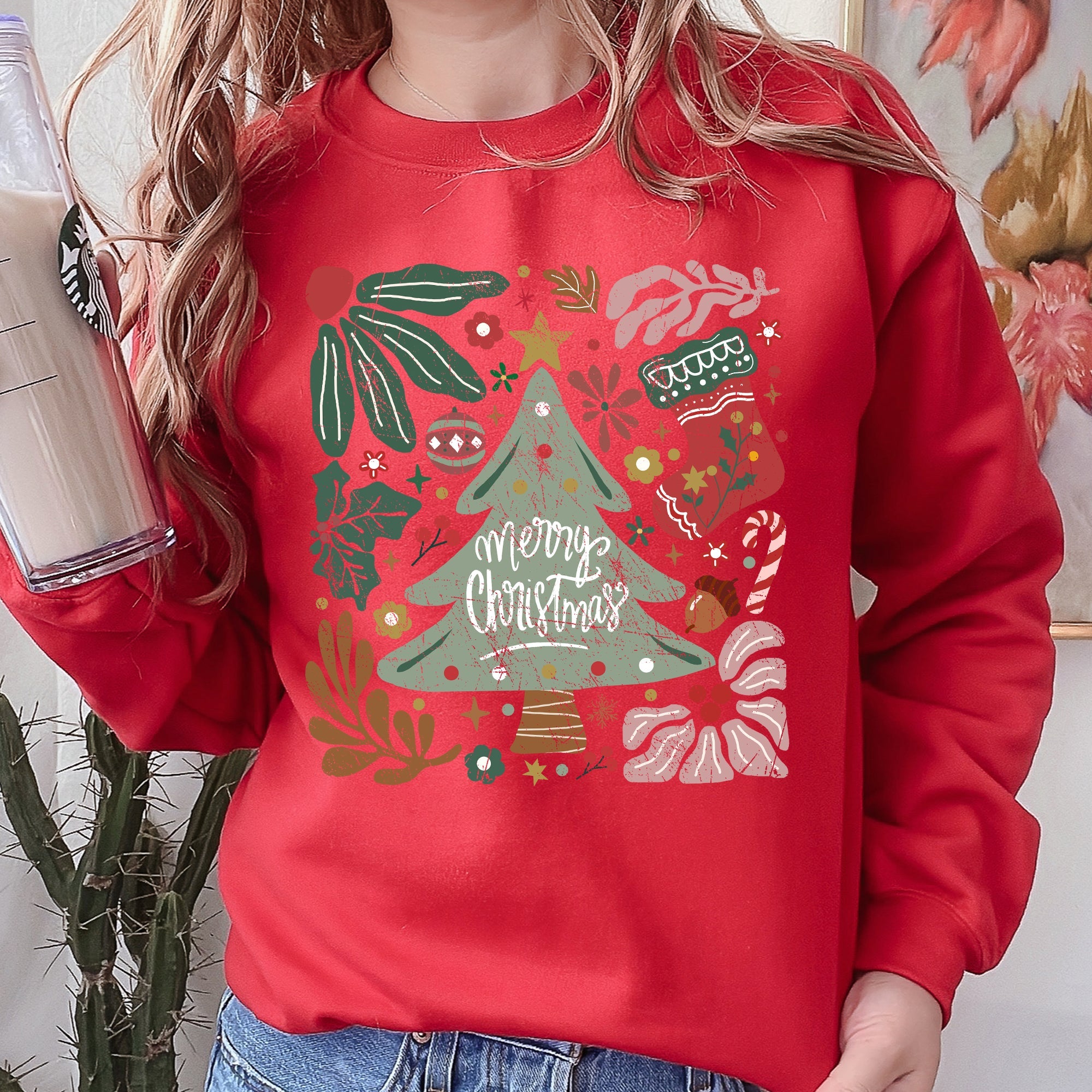 Merry Christmas Green Floral Pattern Emblazoned With Classic Holiday Flowers Sweatshirt
