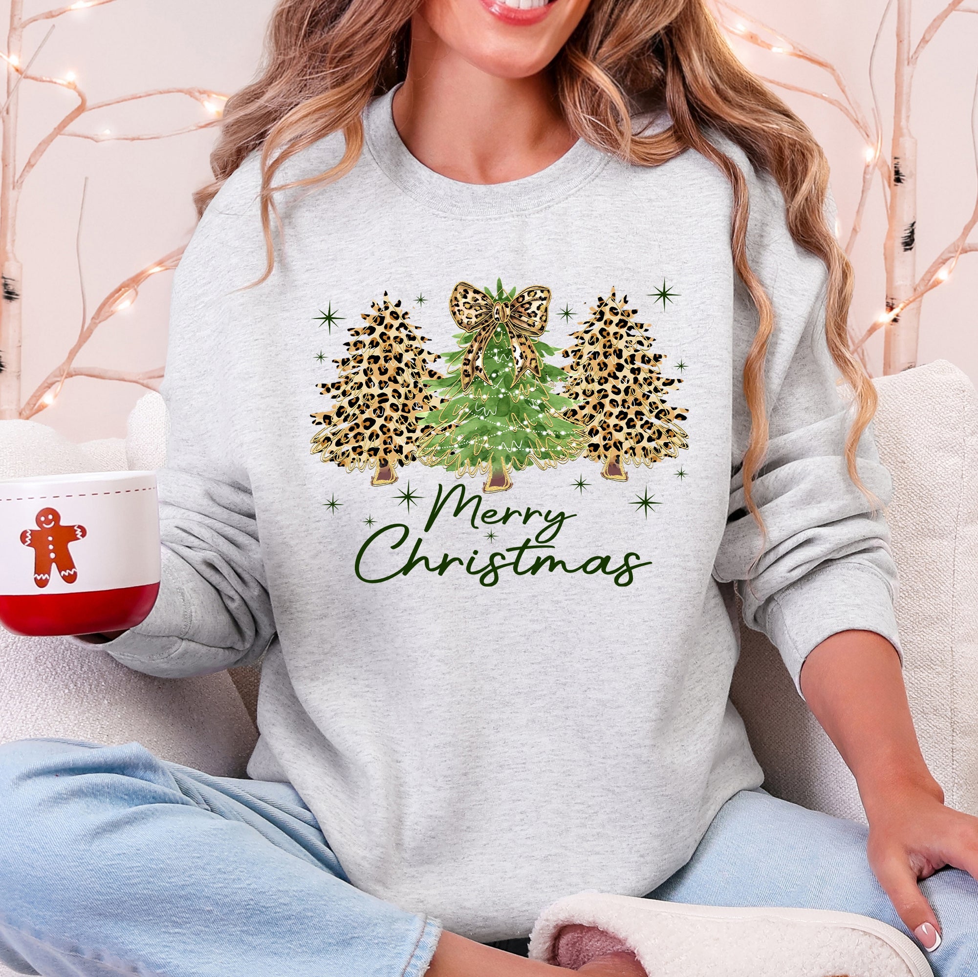 Merry Christmas Leopard Print Cheetah Christmas Trees Cozy Festive Holiday Sweatshirt
