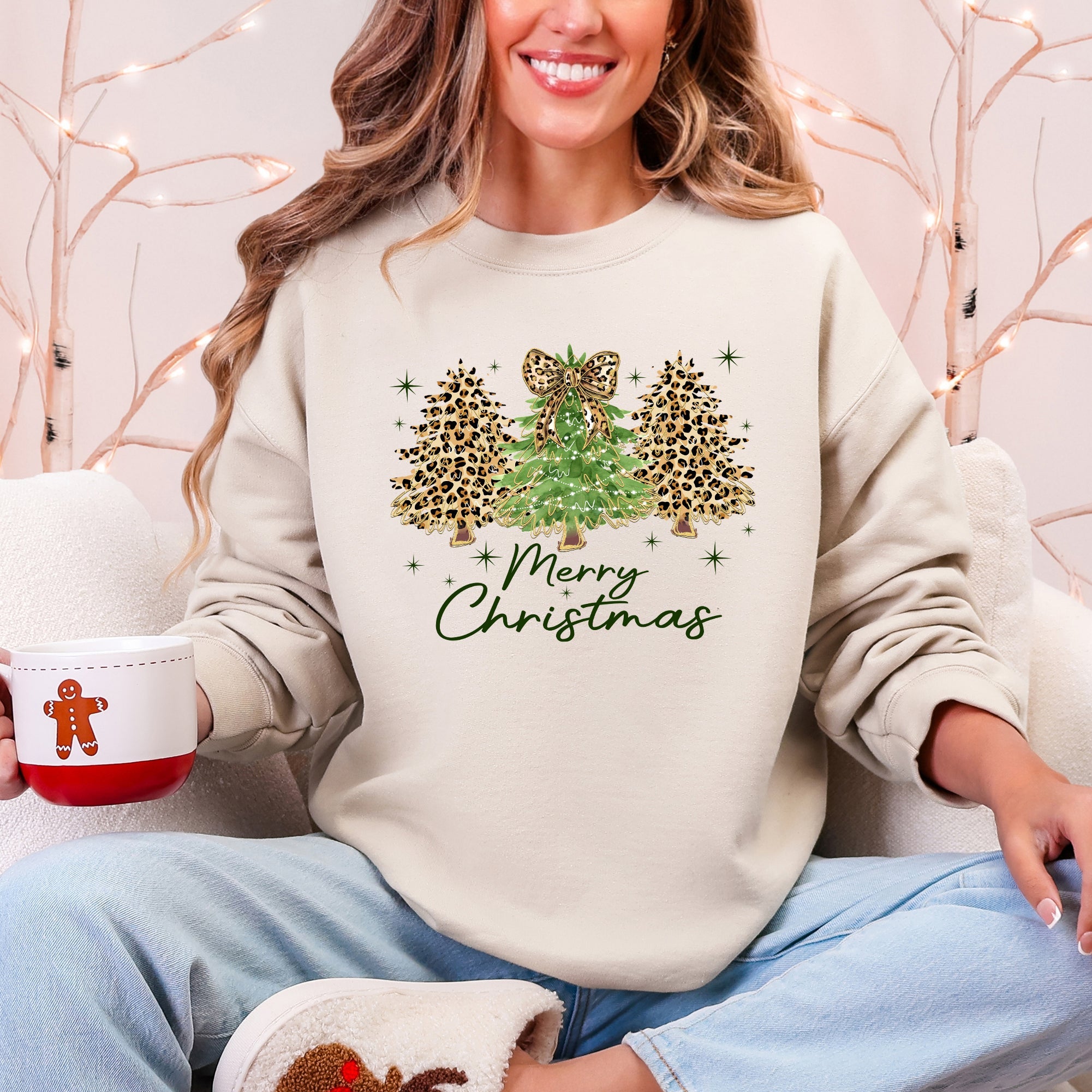 Merry Christmas Leopard Print Cheetah Christmas Trees Cozy Festive Holiday Sweatshirt