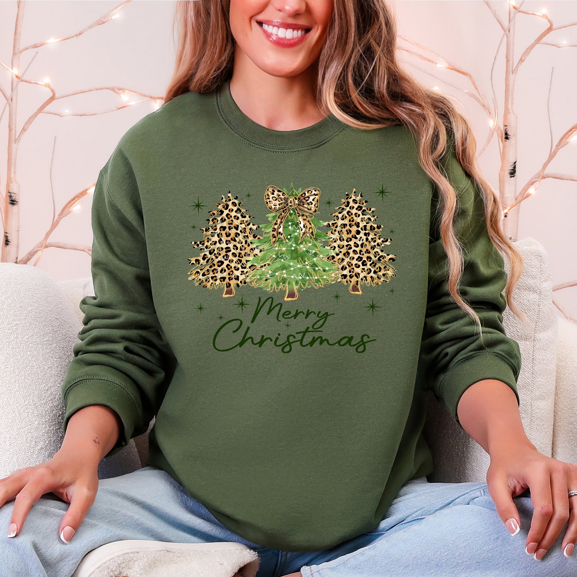 Merry Christmas Leopard Print Cheetah Christmas Trees Cozy Festive Holiday Sweatshirt