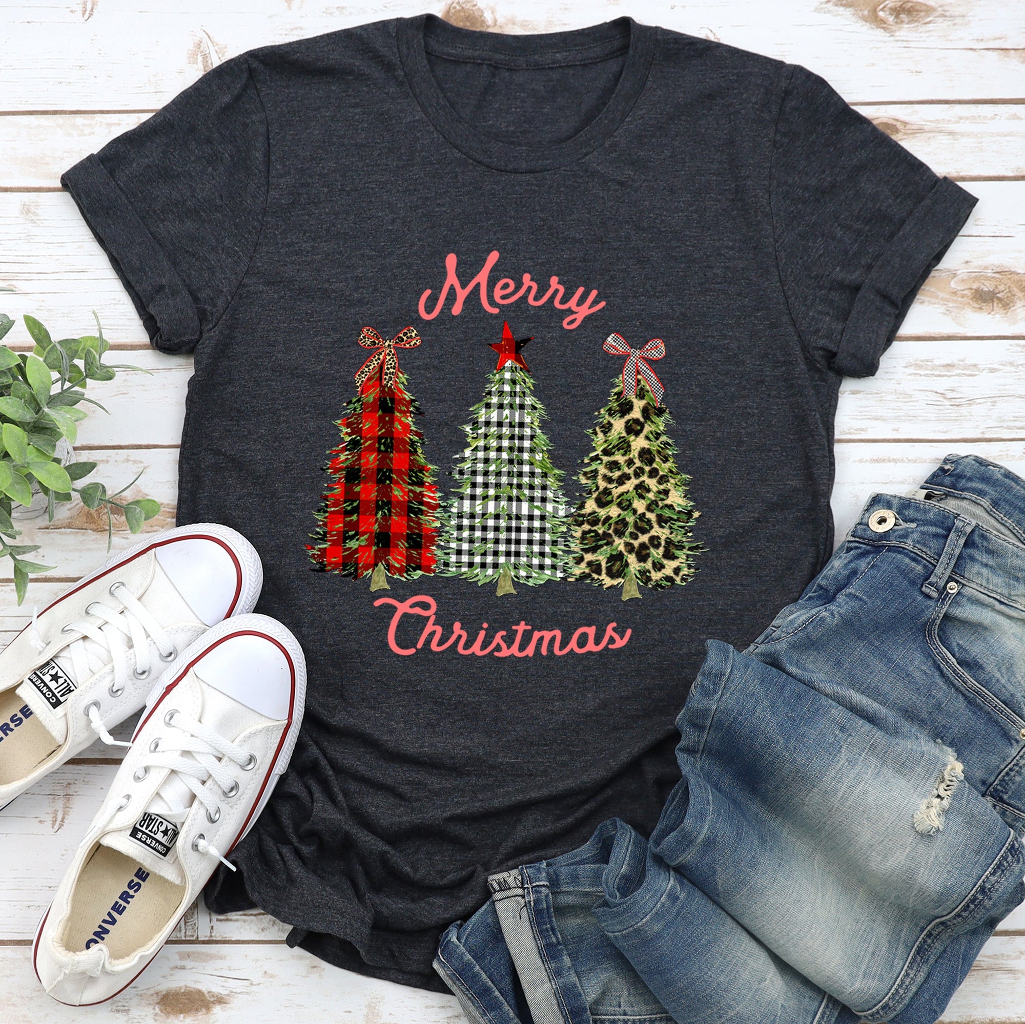 Merry Christmas Leopard Print And Plaid Trees With Ribbons Graphic Tee