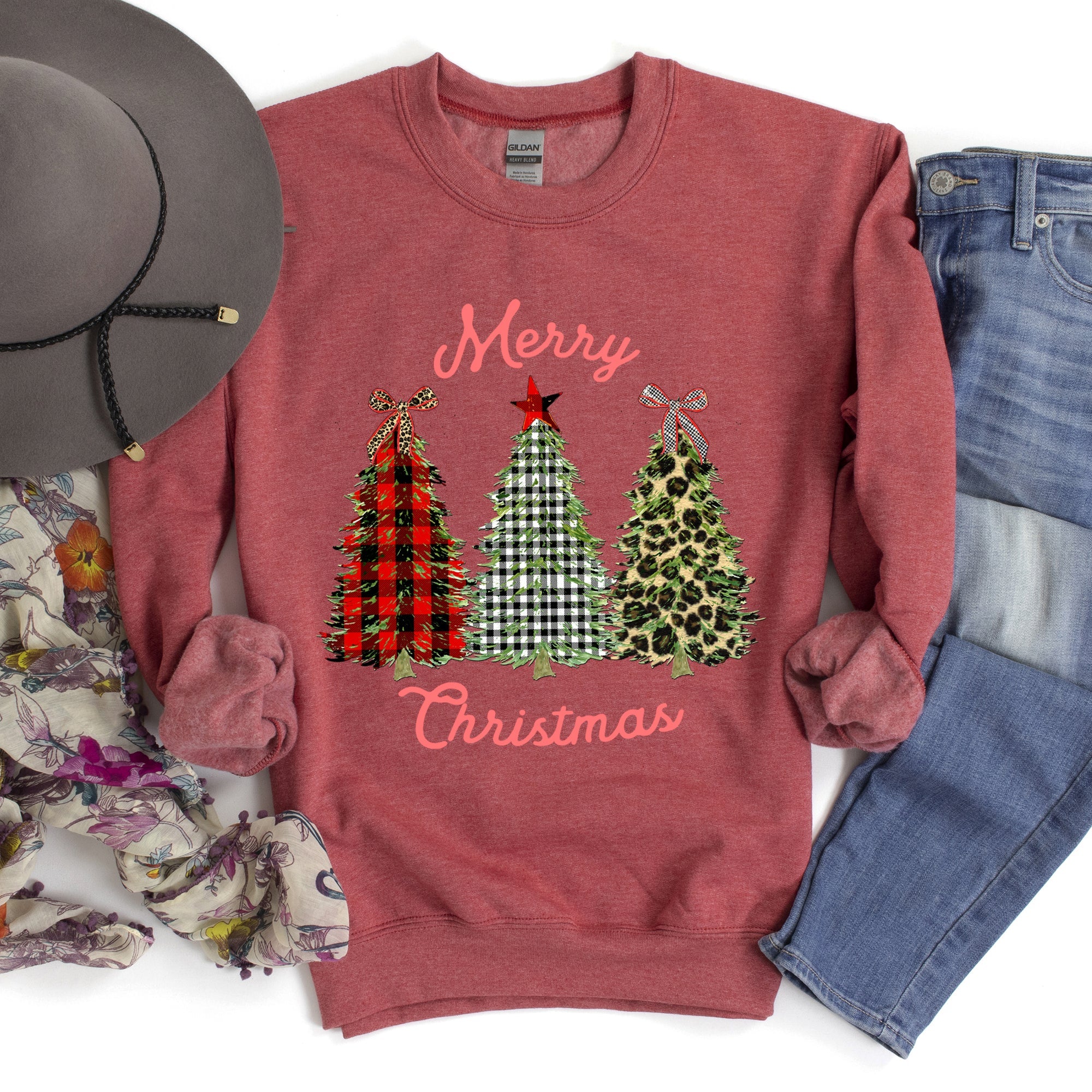 Merry Christmas, Leopard Print and Plaid Trees Seasonal Holiday Design Sweatshirt