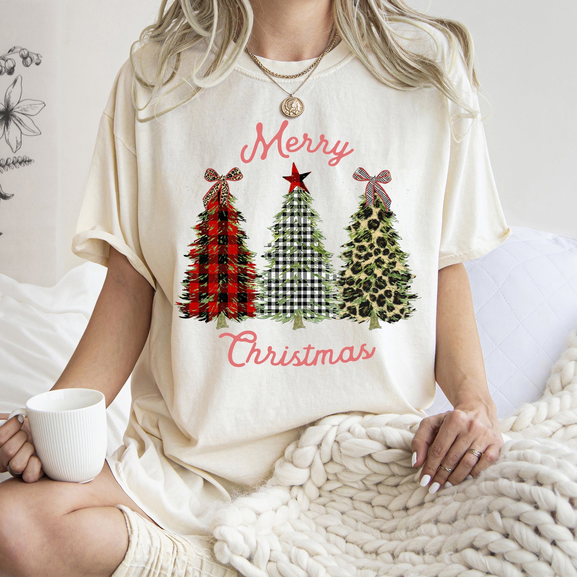 Merry Christmas Vintage Leopard Print And Plaid Trees With Ribbons Comfort Colors Tee