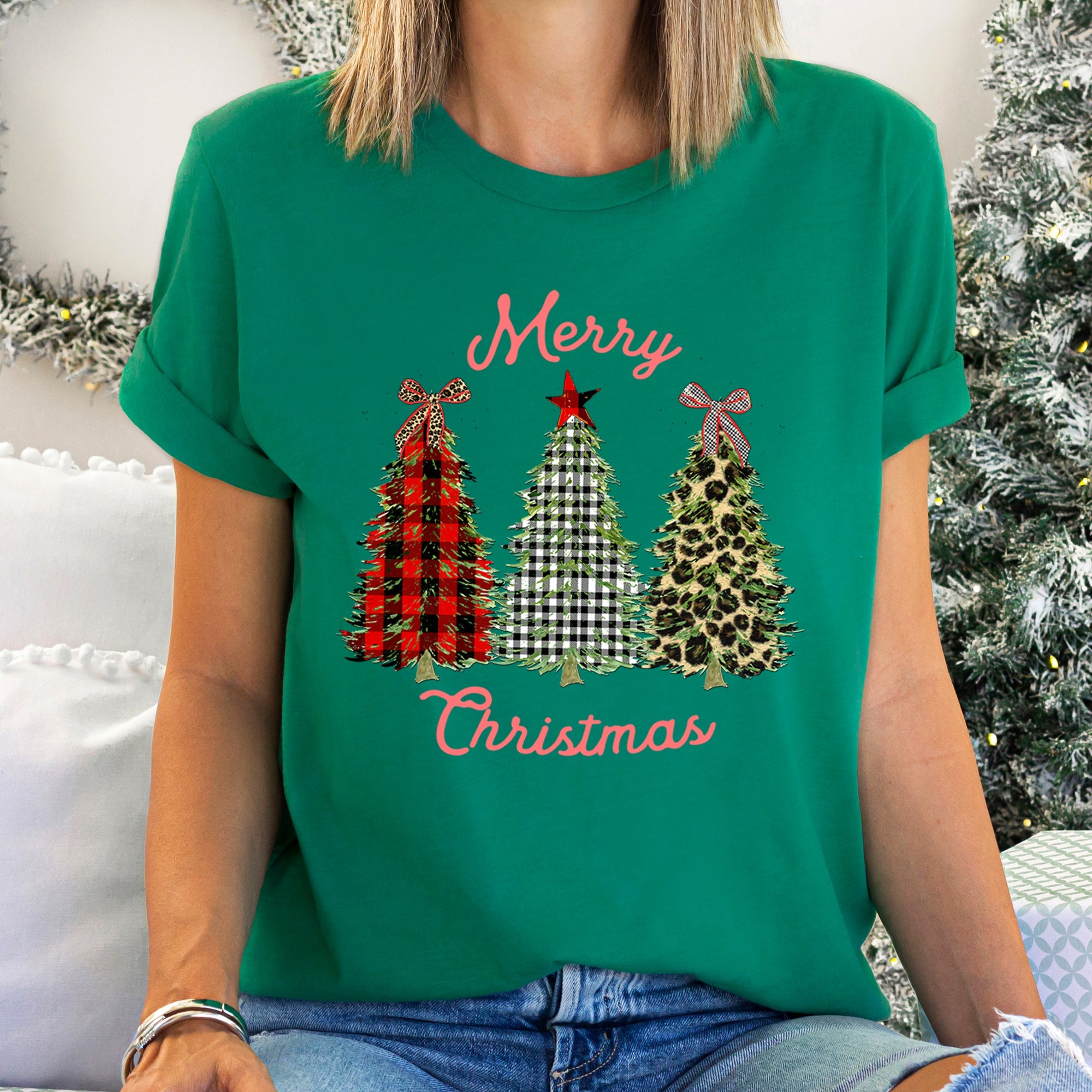 Merry Christmas Leopard Print And Plaid Trees With Ribbons Graphic Tee